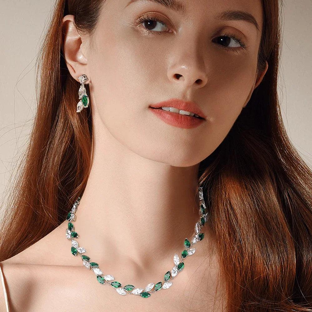Luxury Marquise Cut Moissanite Bridal Set - Leaf Shaped Emerald Imitation Choker Necklace & Earrings for Wedding, Engagement, Anniversary & Special Occasions