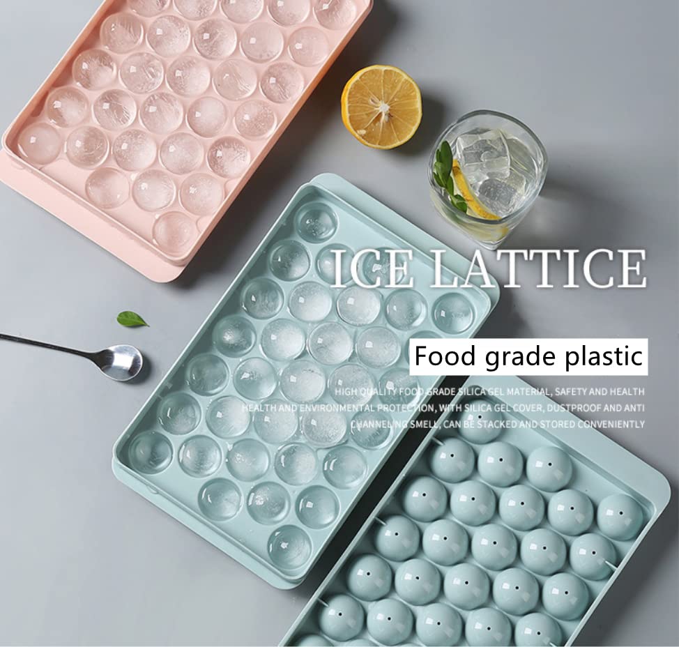 NUOYANG Round Ice Cube Tray with Lid - 33PCS Sphere Ice Ball Maker Mold for Freezer | Perfect for Cocktails, Whiskey, Tea & Coffee | Includes Storage Container for Easy Ice Making & Chilling Drinks