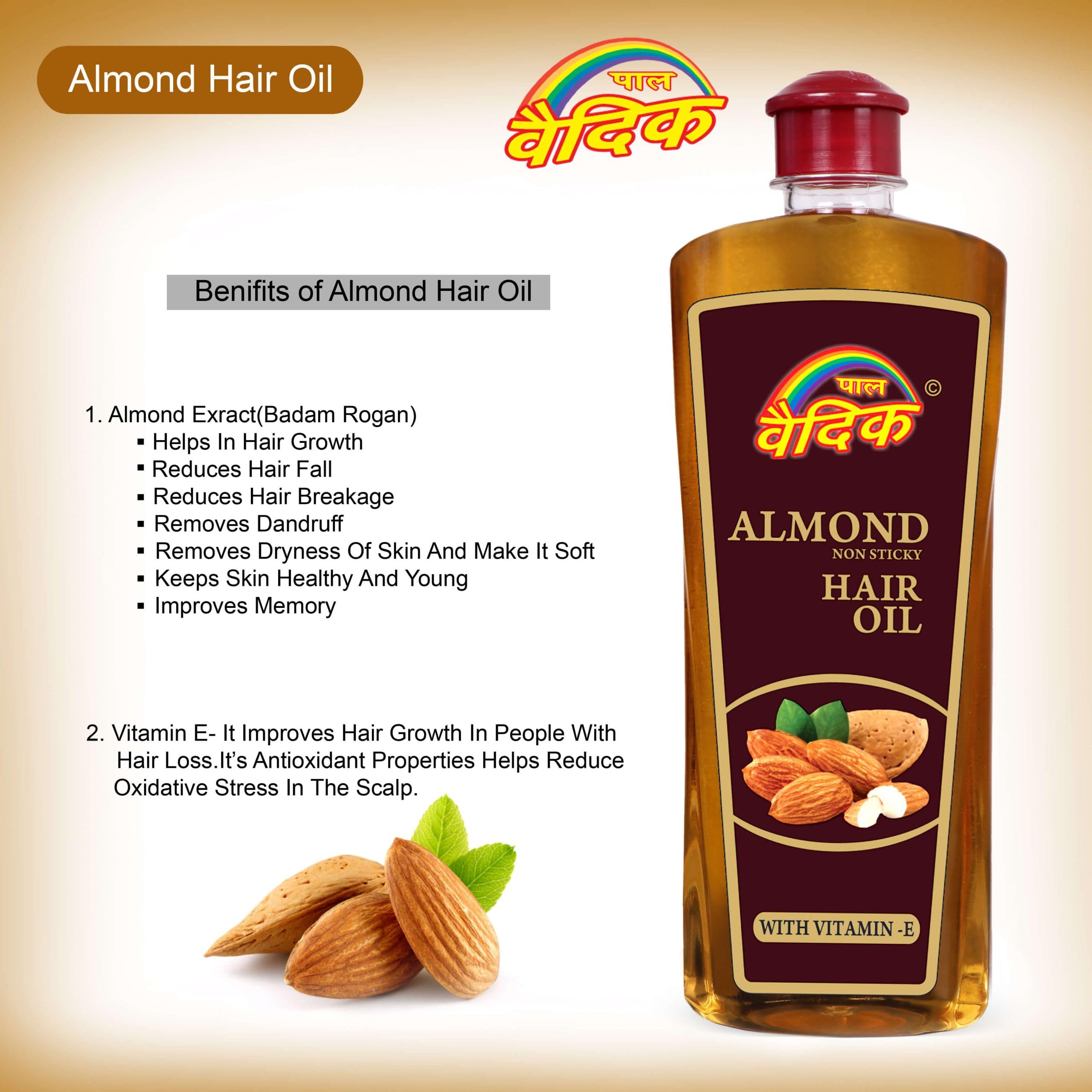 Organic Pal Vedic Sweet Almond Oil - 100% Pure Cold Pressed Vitamin E Hair & Skin Treatment - Promotes Healthy Hair Growth, Nourishes Skin, Enhances Brain Function & Digestion - 16.9oz (500ml) for Daily Hair Care, Massage Therapy & Ayurvedic Wellness