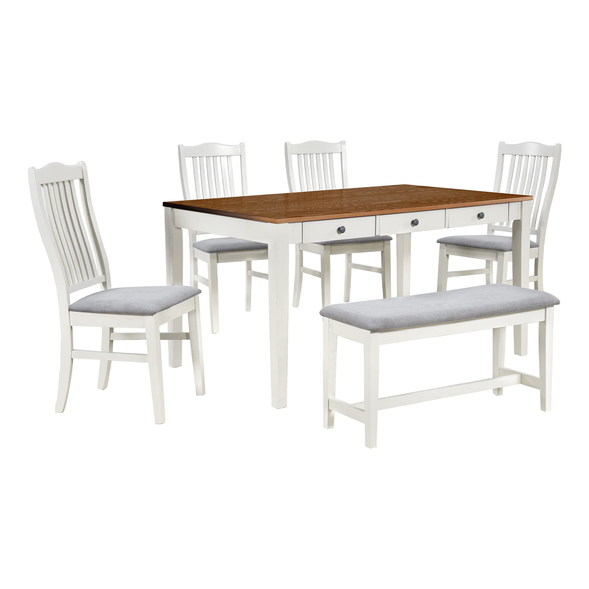 Merax Mid-Century 6-Piece Wood Dining Table Set with Storage Drawer, 4 Upholstered Chairs & Bench in Butter Milk - Perfect for Small Space Dining Rooms, Breakfast Nooks & Modern Farmhouse Decor