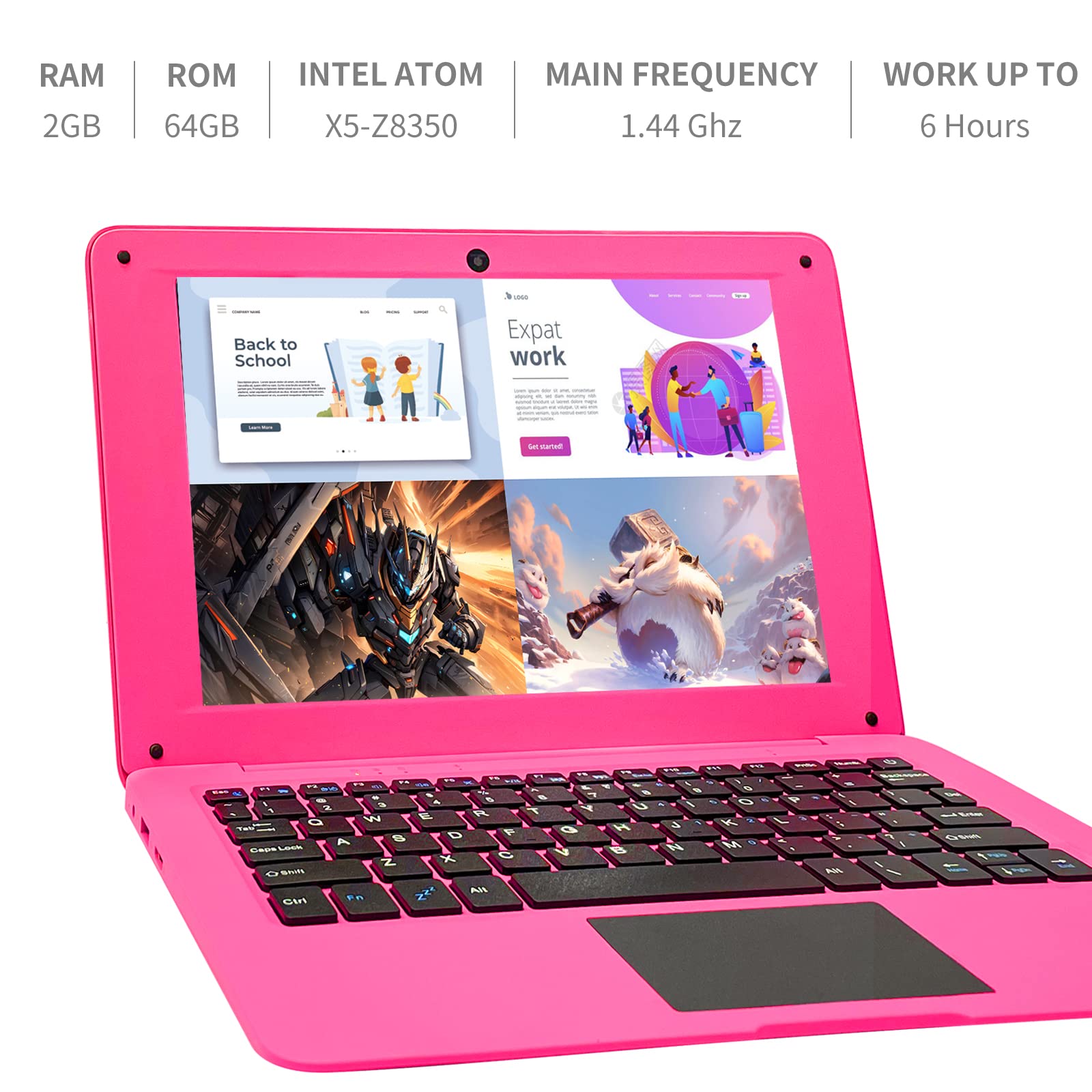 10.1 Inch Windows 10 Laptop - Intel Quad Core Processor, 4GB RAM, 64GB eMMC Storage | Lightweight Mini Netbook with Sleeve, Wireless Mouse & Headphones (Pink) | Perfect for Students, Office Work & Travel Computing