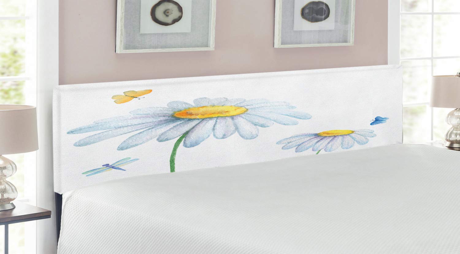 Ambesonne King Size Upholstered Headboard - Dragonfly & Chamomile Nature Print with Memory Foam, Decorative Metal Bed Frame in Soft White & Yellow | Perfect for Master Bedroom, Guest Room & Nature-Themed Decor