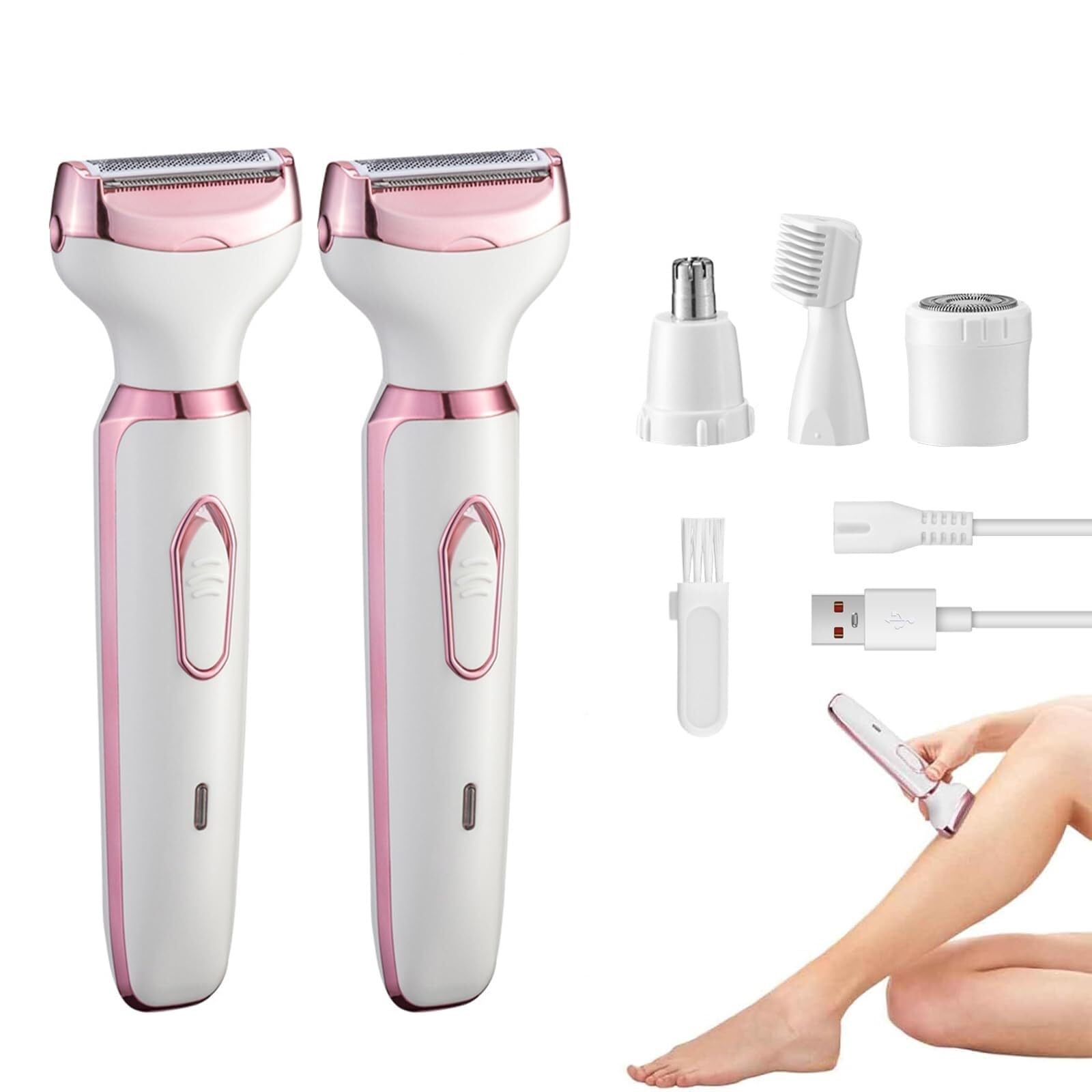 4-in-1 Cordless Electric Hair Trimmer for Women - Rechargeable Lady Shaver & Body Groomer with Washable Head, Wet/Dry Use - Perfect for Travel, Bikini Line & Underarm Hair Removal (2-Pack)