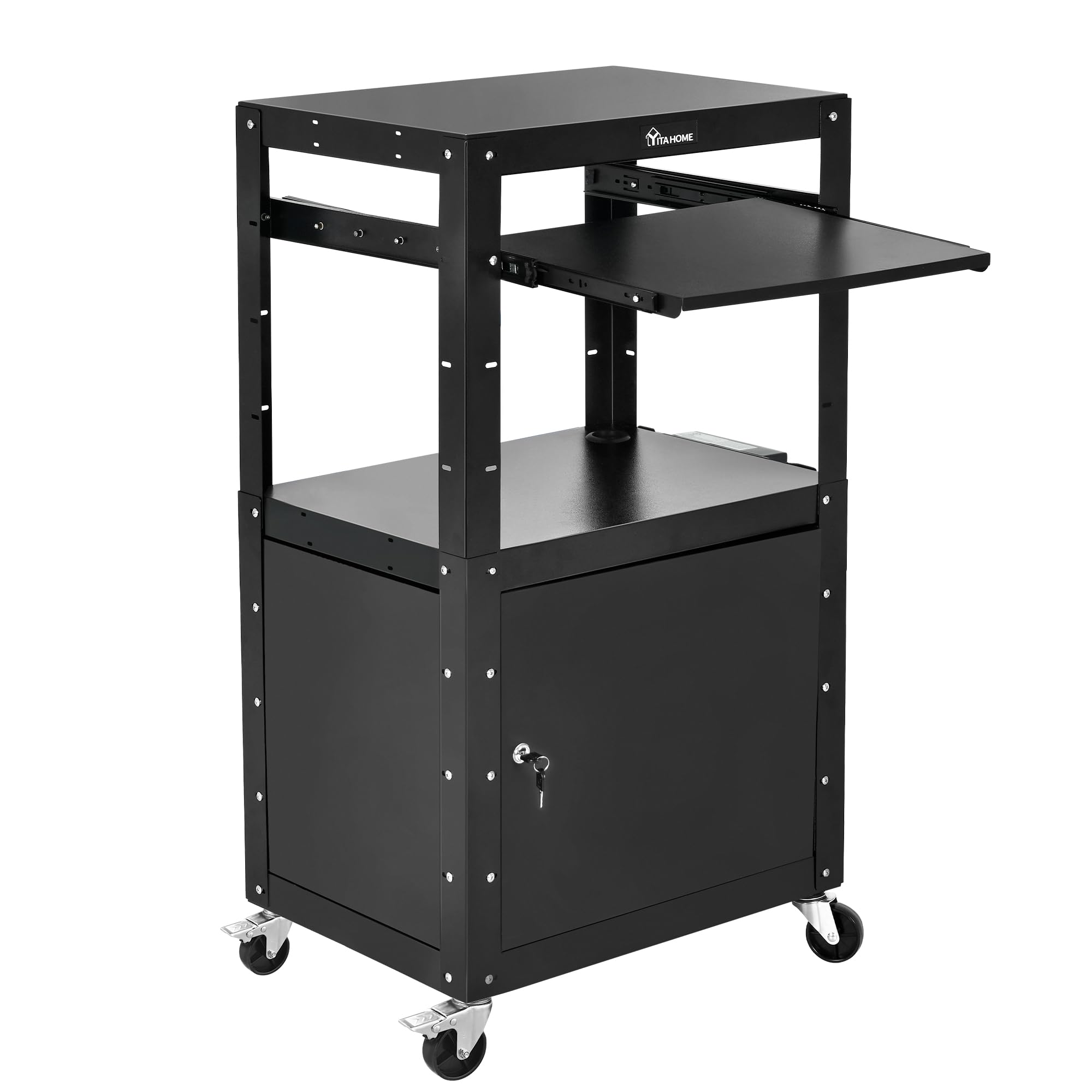 YITAHOME Black Steel AV Cart with Locking Cabinet - Mobile Media Stand with Keyboard Tray, 16.4ft Power Cord & Wheels for Computer, Laptop, Projector, Printer - Perfect for Office, Classroom & Home Theater Setup