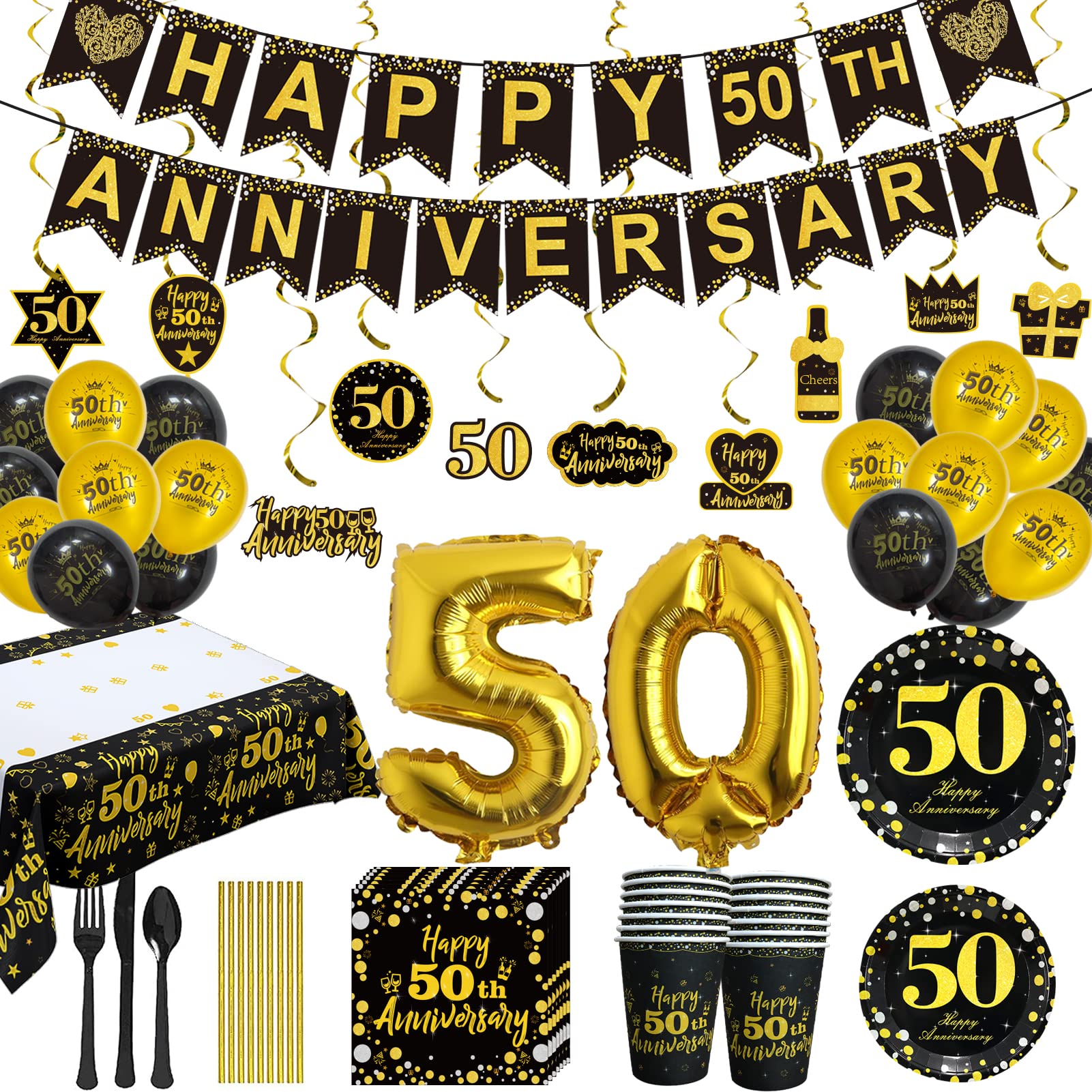 DARUNAXY 50th Anniversary Party Supplies Set - Black Gold Theme Decorations for 20 Guests | Includes Number 50 Balloon, Table Cover, Disposable Cutlery (Forks, Knives, Spoons), Plates, Napkins, Cups, Foil Balloons & Hanging Swirls | Perfect for Birthday Celebrations, Retirement Parties, Milestone Events