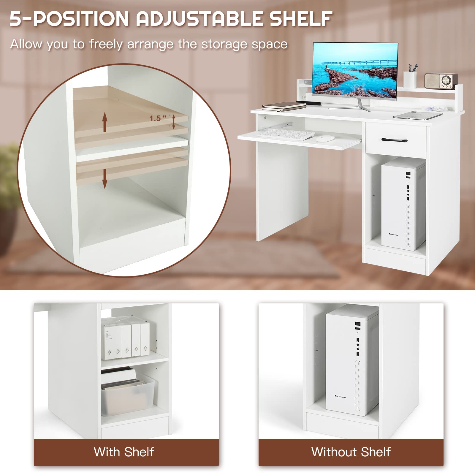 COSTWAY Computer Desk with Hutch - Home Office Desk with Drawer, Adjustable Shelf & Keyboard Tray | Study Writing Desk & Executive Workstation for Living Room, Bedroom & Office (White) | Perfect for Remote Work, Online Classes & Home Office Setup