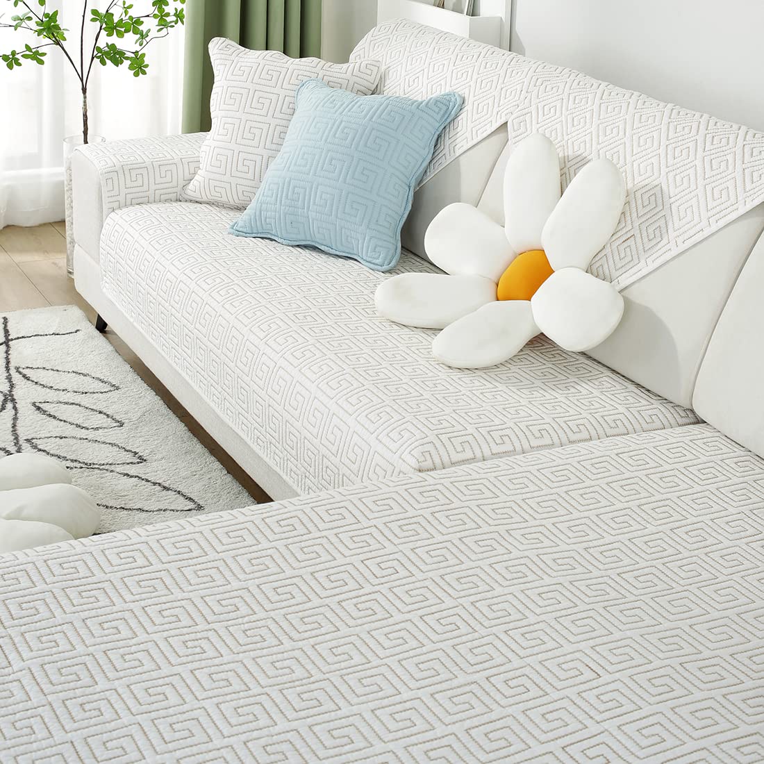 Geometric Embroidery Cotton Sofa Cover - Non-Slip Quilted Sectional Couch Protector - Farmhouse Solid Color Slipcover for Dogs, Kids & Pets (36