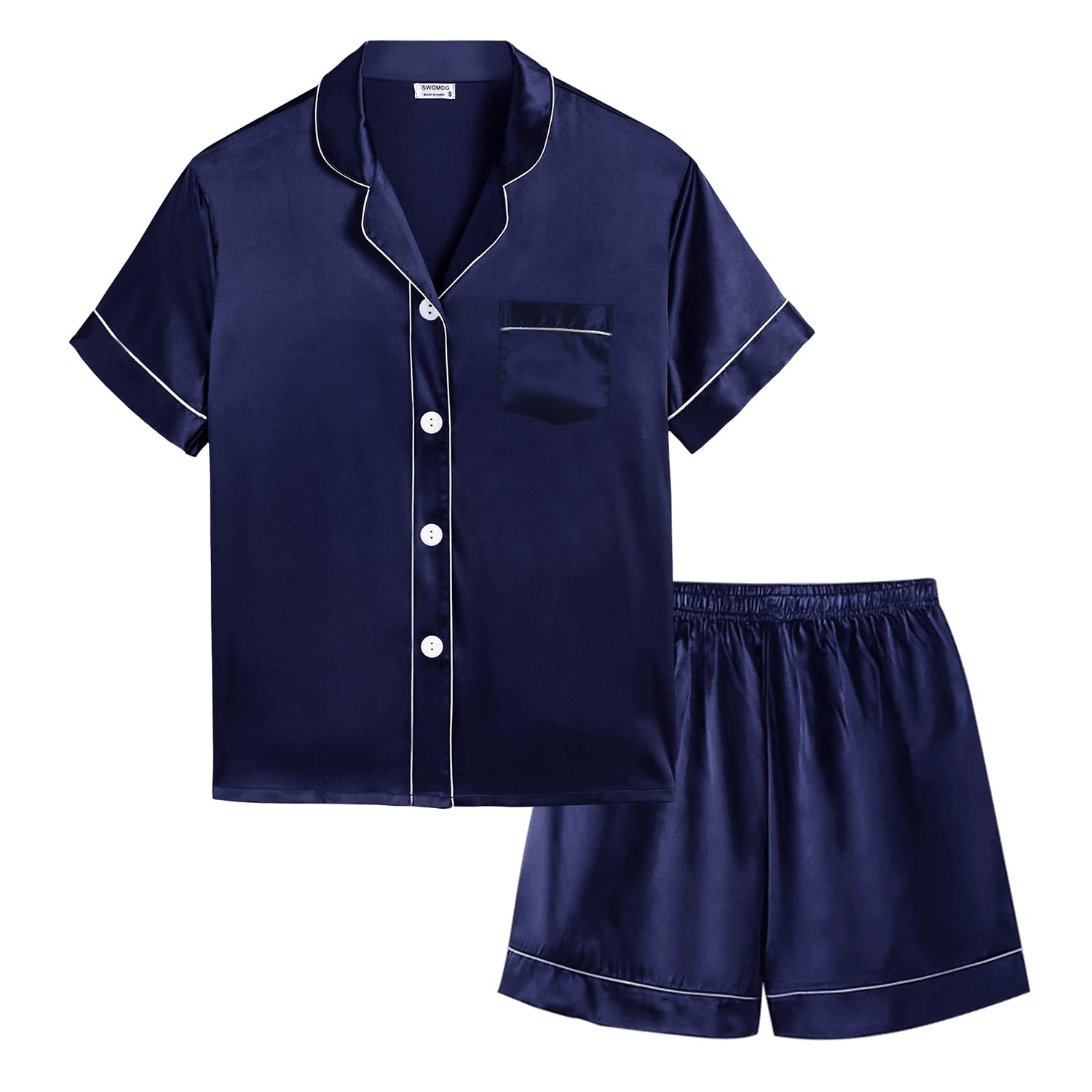 SWOMOG Kids Silk Satin Pajama Set for Girls & Boys - Soft Button-Down Sleepwear, Short Sleeve 2-Piece PJ Set, Comfortable Lounge Wear - Perfect for Bedtime, Sleepovers & Relaxing at Home