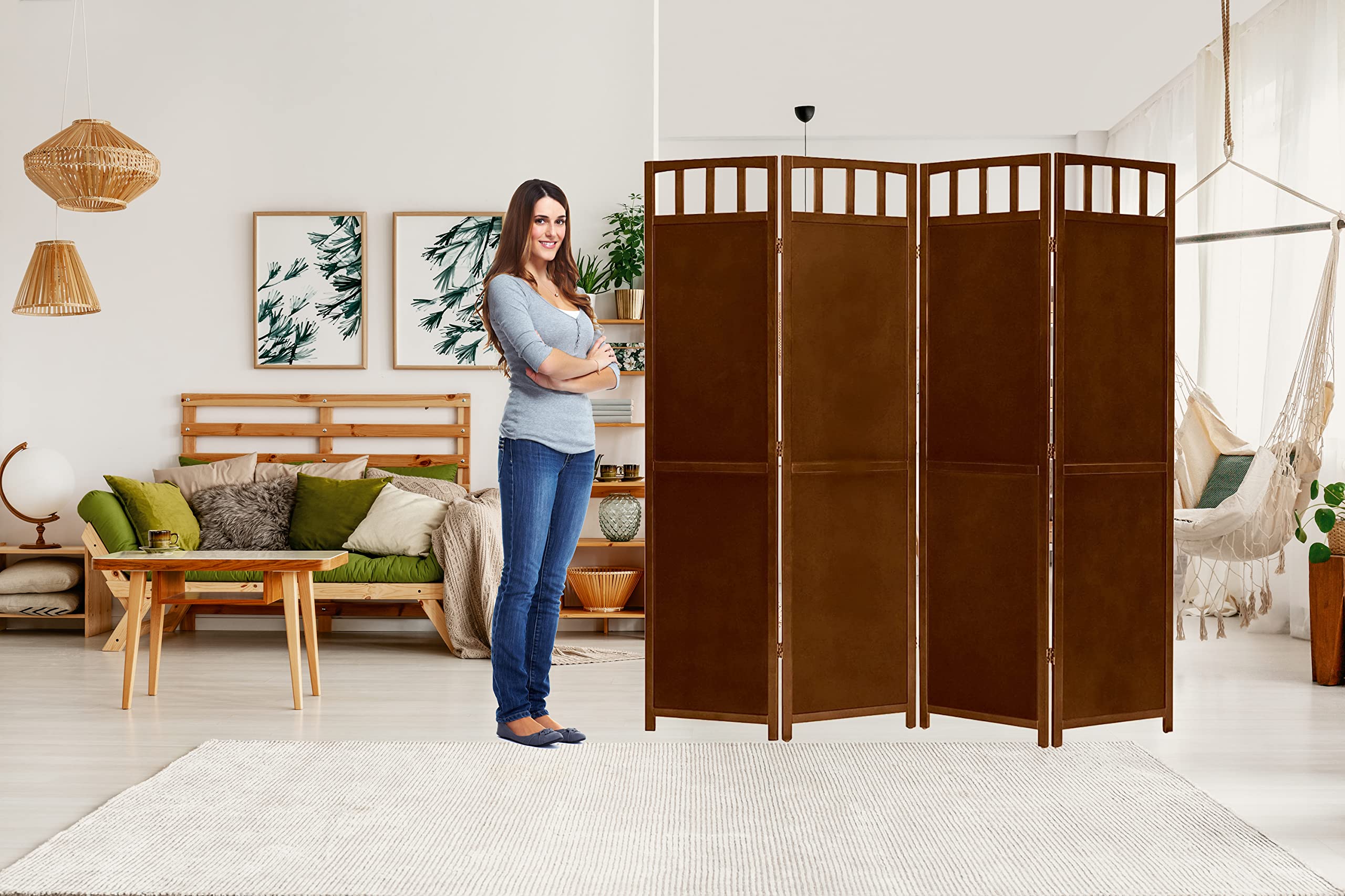 Legacy Decor 4-Panel Wooden Room Divider Privacy Screen - 5.6 Feet Tall, Walnut Finish - Perfect for Home Office, Living Room, and Outdoor Patio Partition