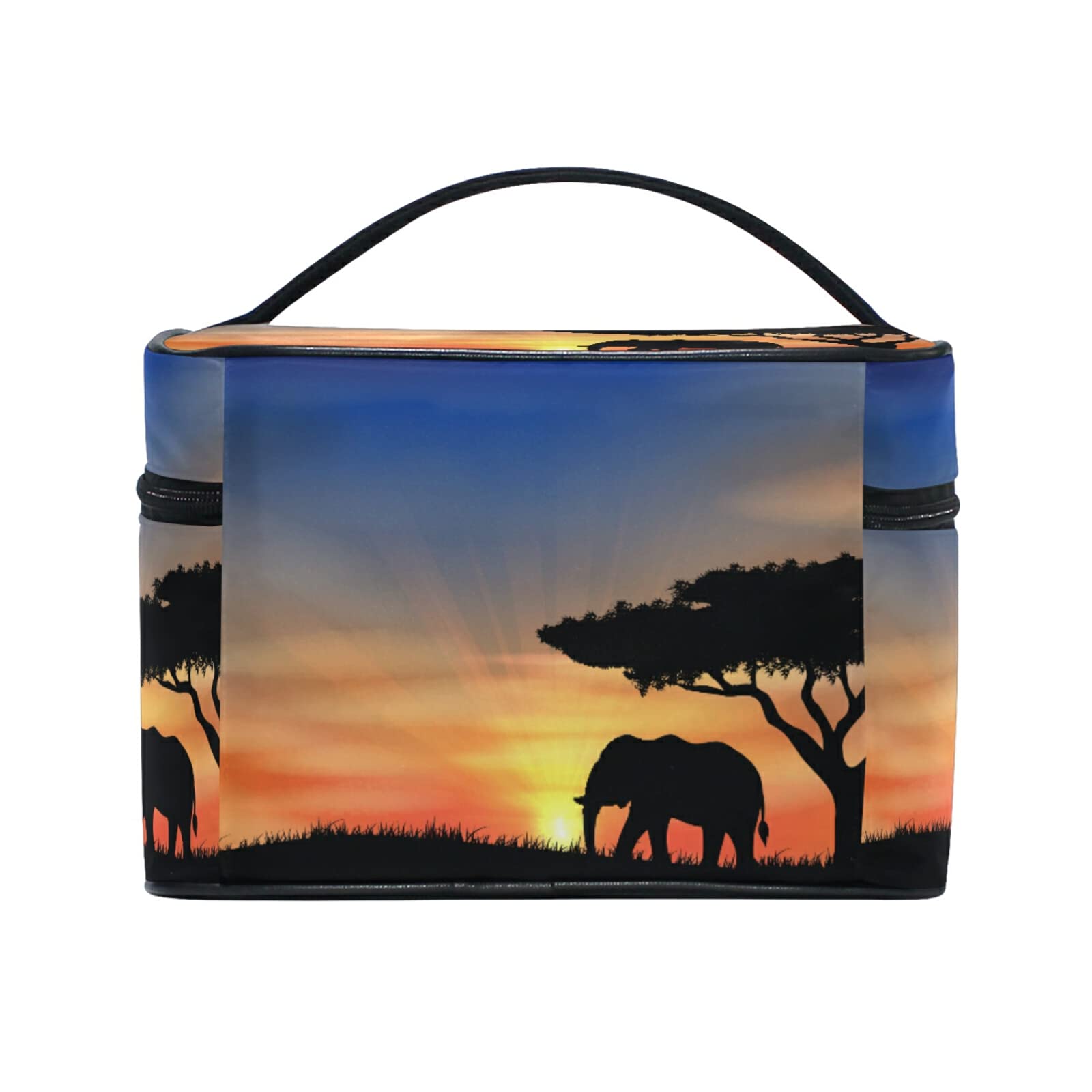Elephant Print Sunset Tree Cosmetic Bag - Waterproof Zippered Makeup Pouch & Toiletry Organizer for Women & Girls | Perfect for Travel, Gym, and Daily Essentials Storage
