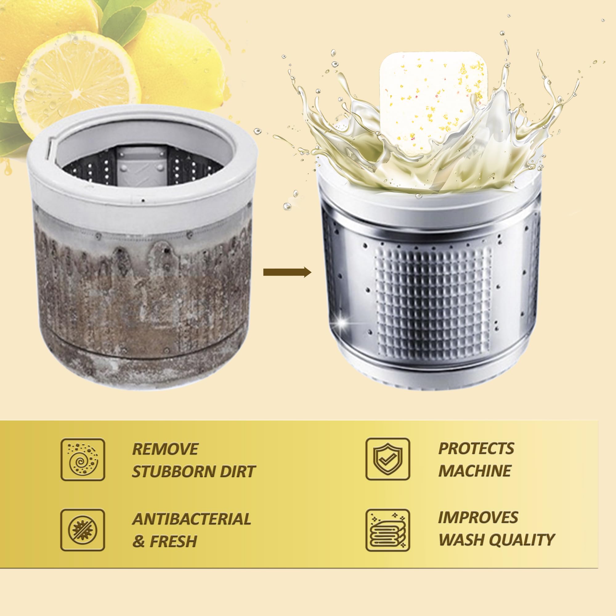Zerfa 36-Pack Lemon Scented Washing Machine Cleaner Tablets - Powerful Descaling & Stain Remover for Front & Top Load Washers - Freshens Laundry & Eliminates Odors for Cleaner Clothes