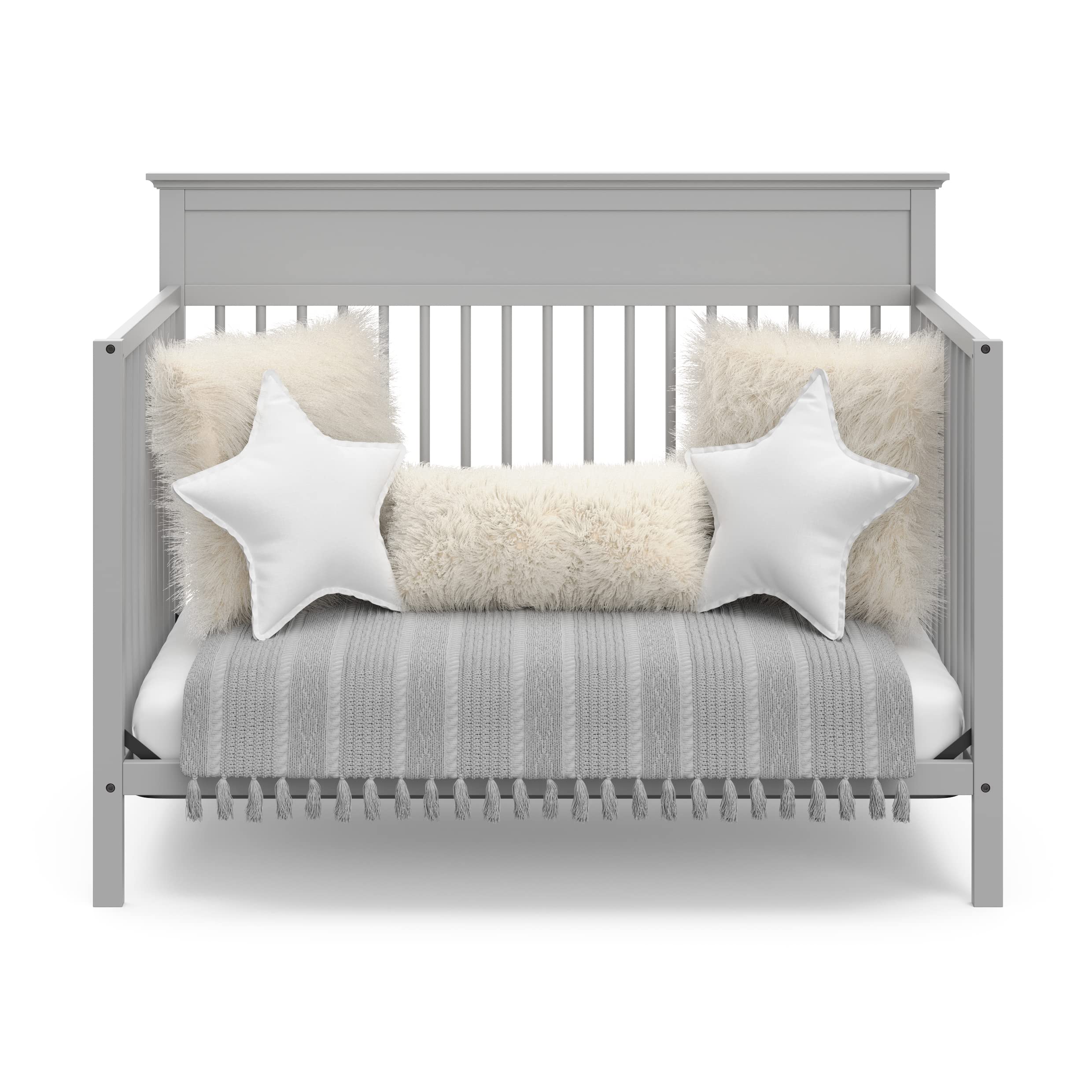 Storkcraft Carmel 5-in-1 Convertible Crib in Pebble Gray - GREENGUARD Gold Certified, Converts to Toddler Bed & Full-Size Bed, Adjustable Mattress Heights (4 Levels), Fits Standard Full-Size Mattress - Perfect for Nursery, Baby Room & Toddler Bedroom Transition