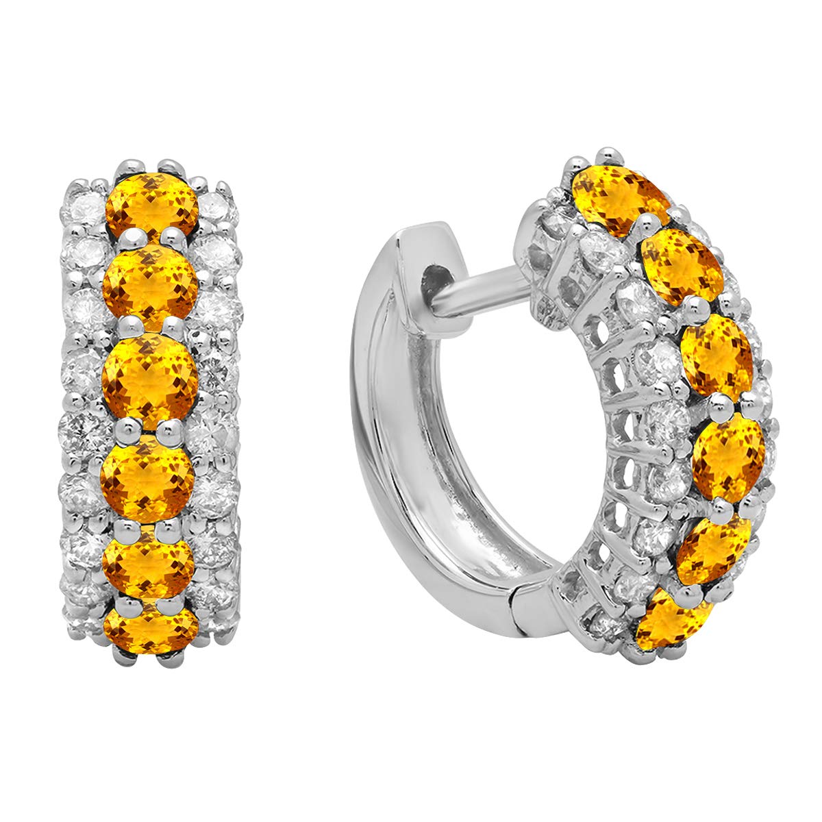 Dazzlingrock 14K Solid White Gold Round Gemstone & Diamond Huggie Hoop Earrings for Women | Elegant Everyday Jewelry, Perfect for Parties, Weddings & Gifts