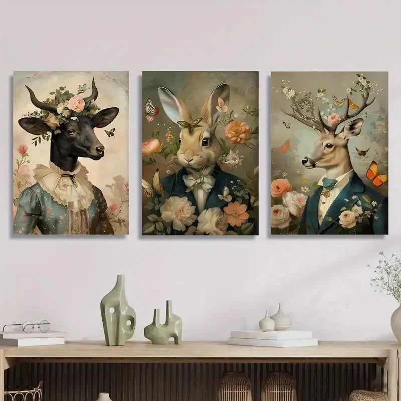 3-Piece 2D Victorian Animal Portraits Wall Art Set - Framed Canvas 40x60cm (16x24in) | High Quality Print | 100% Australian Made | Ready to Hang | Perfect for Living Room, Bedroom or Office Decor