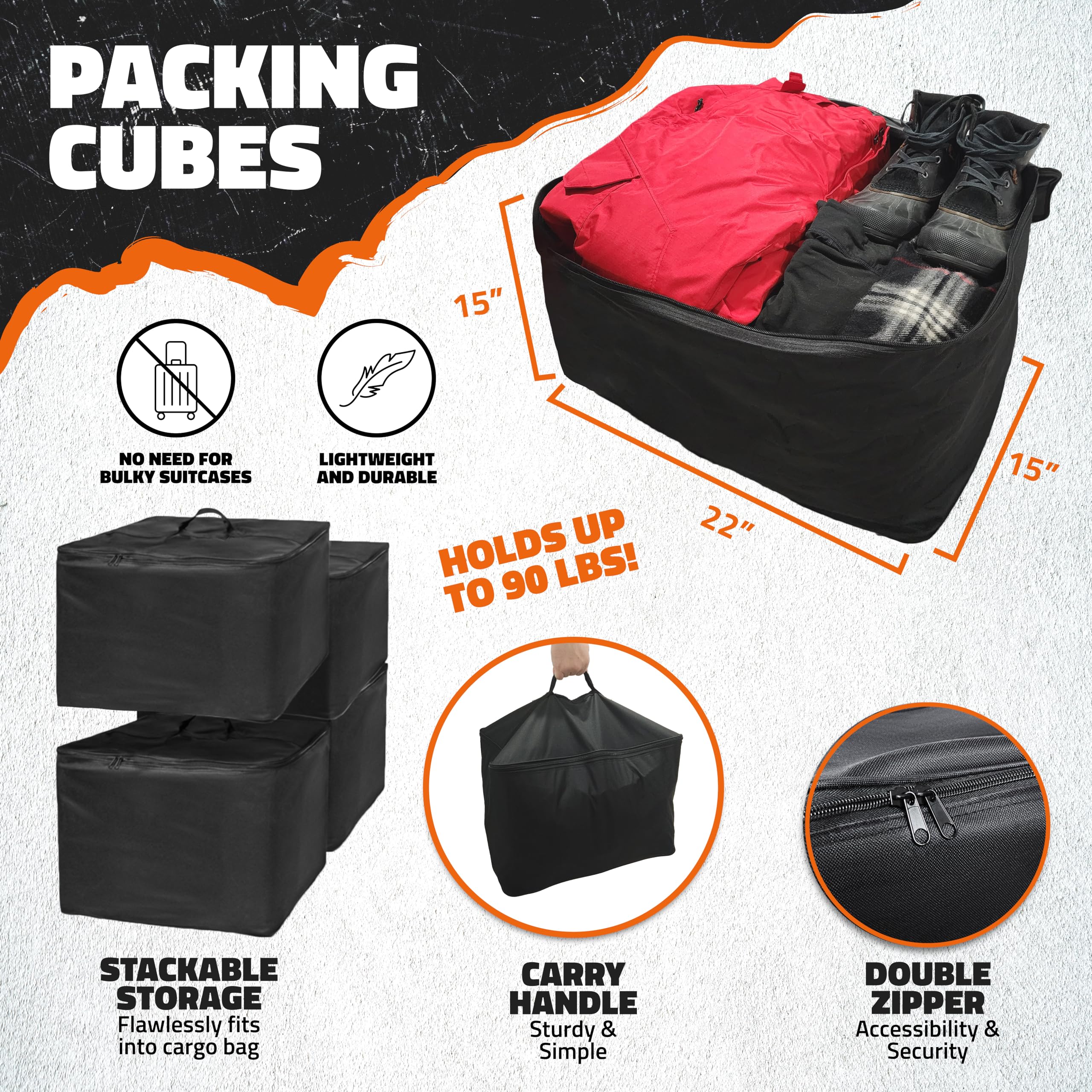 Mockins 15 Cu.Ft. Soft-Shell Trailer Hitch Cargo Carrier Bag with 4 Packing Cubes - 48x18x31 Inch Waterproof All-Weather Truck Bed Storage Bag for SUV, Pickup & Travel | Heavy-Duty Vinyl Construction with Buckle Straps & Lock | Perfect for Road Trips, Camping & Outdoor Adventures