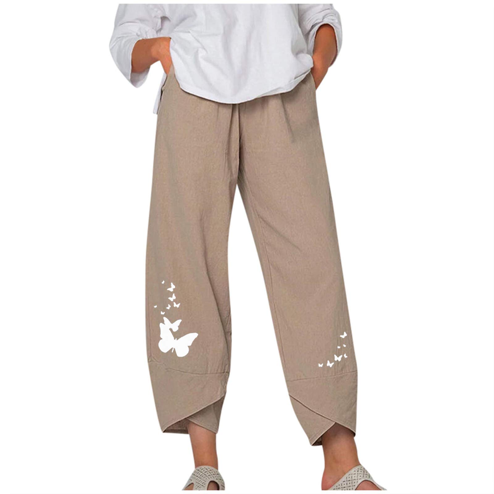 Women's Capri Pants - Casual Summer Cotton Linen Harem Pants with Pockets, Loose Fit Comfortable Yoga Cropped Trousers for Travel, Beach & Lounge Wear