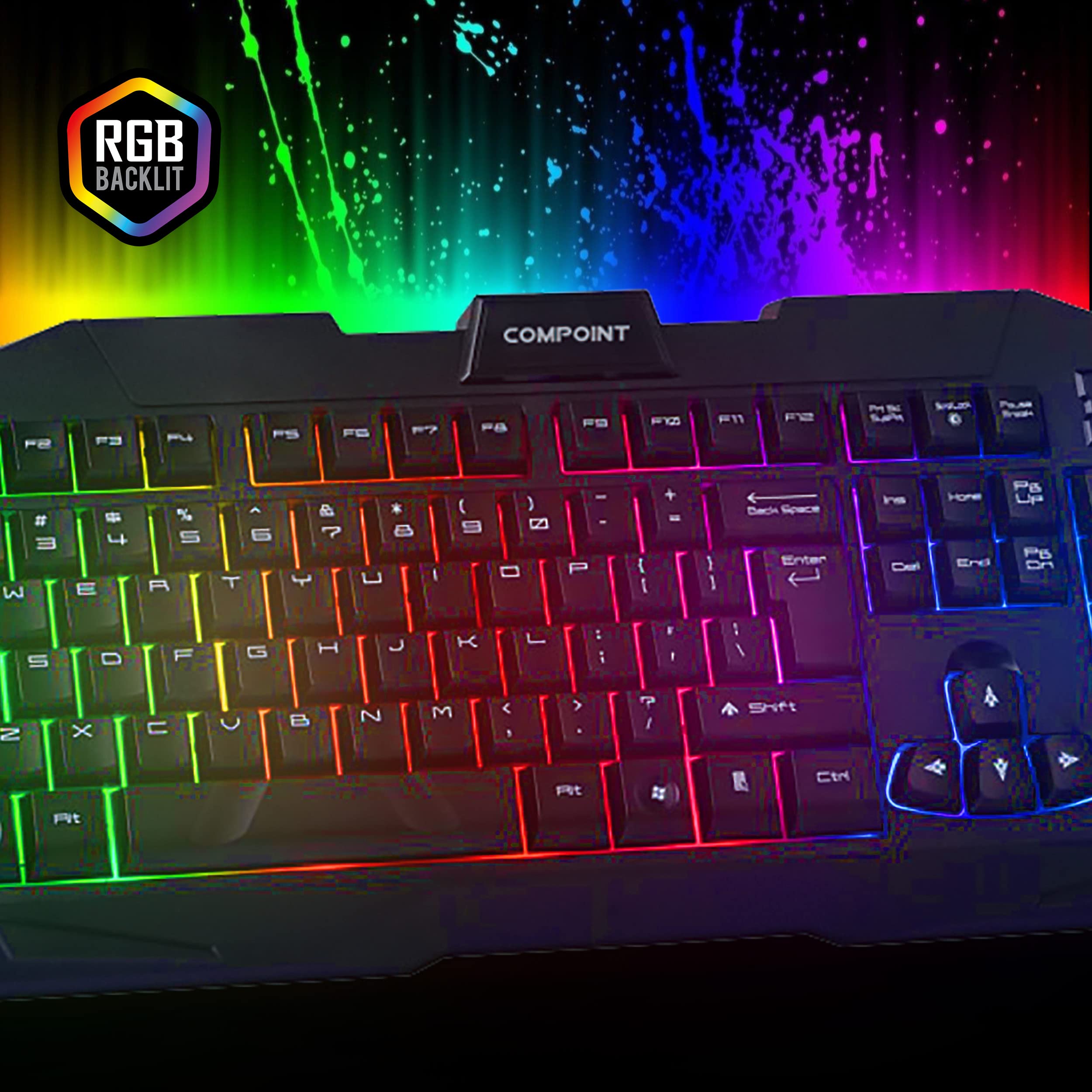 Compoint RGB Gaming Keyboard - USB Wired for PC, PS5, Xbox & MAC - Silent Mechanical with Wrist Rest - Perfect for Esports & Streaming