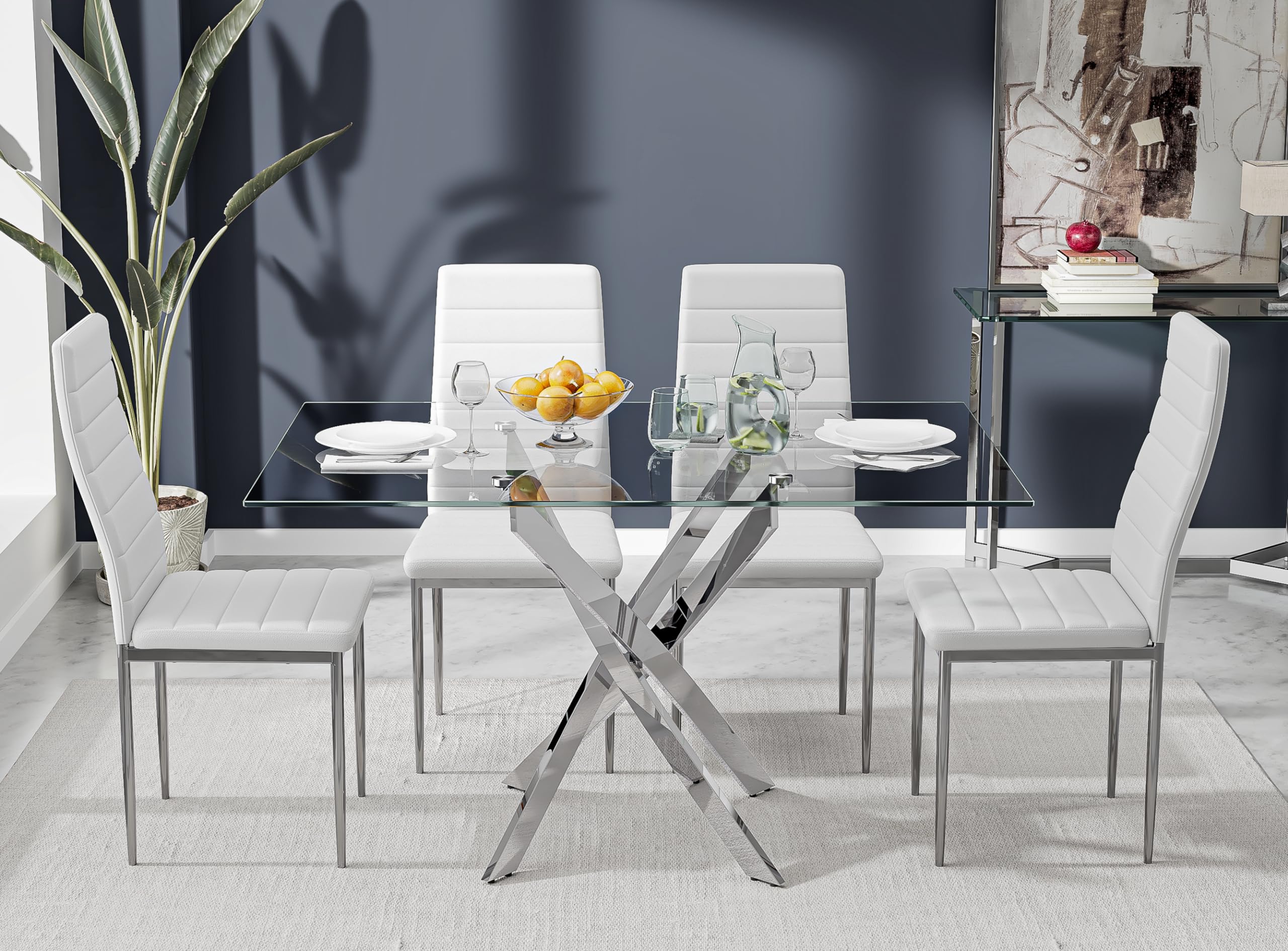 5-Piece Tempered Glass Dining Table Set for 4 with Upholstered Chairs - Modern Kitchen & Dining Room Furniture (Silver Table & White Chairs) | Perfect for Family Meals, Dinner Parties & Small Space Apartments