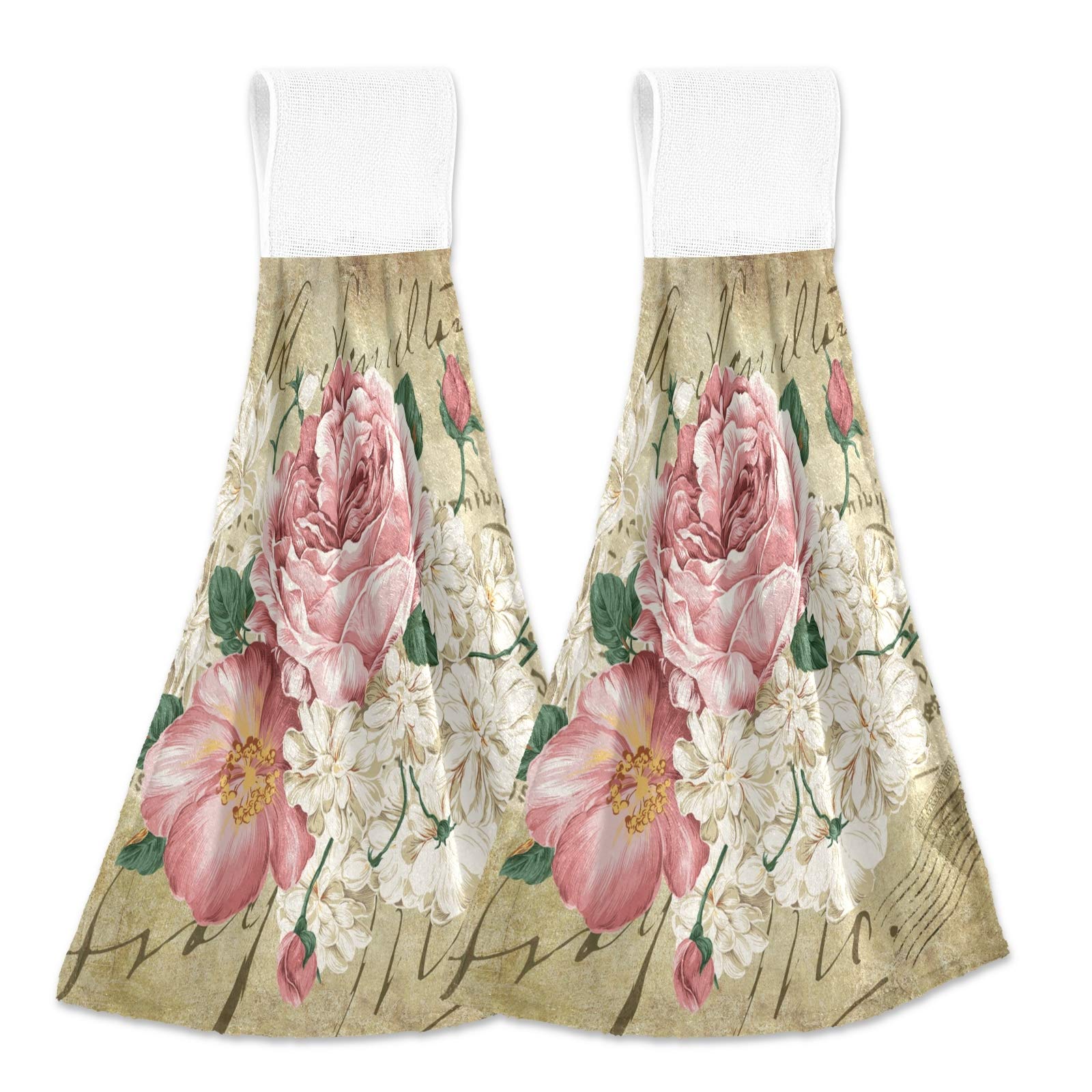 ALAZA 2-Pack Vintage Shabby Chic Pink Rose Floral Kitchen Towels - Super Absorbent Hanging & Hand Towels for Cooking, Baking, and Dish Drying