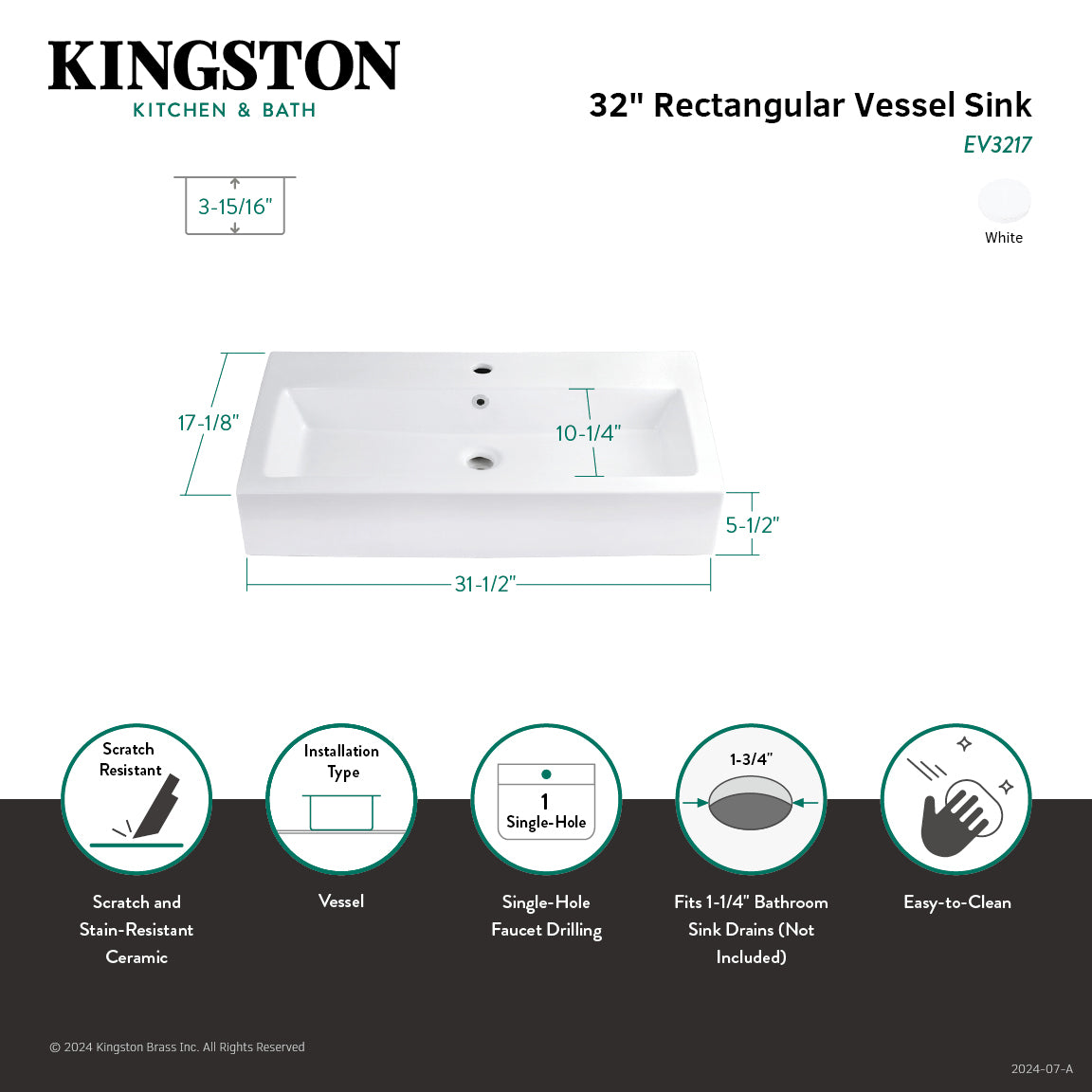 Adelaide EV3217 32 Inch White Porcelain Rectangular Vessel Bathroom Sink with Single Hole Faucet - Perfect for Modern Vanities and Powder Rooms