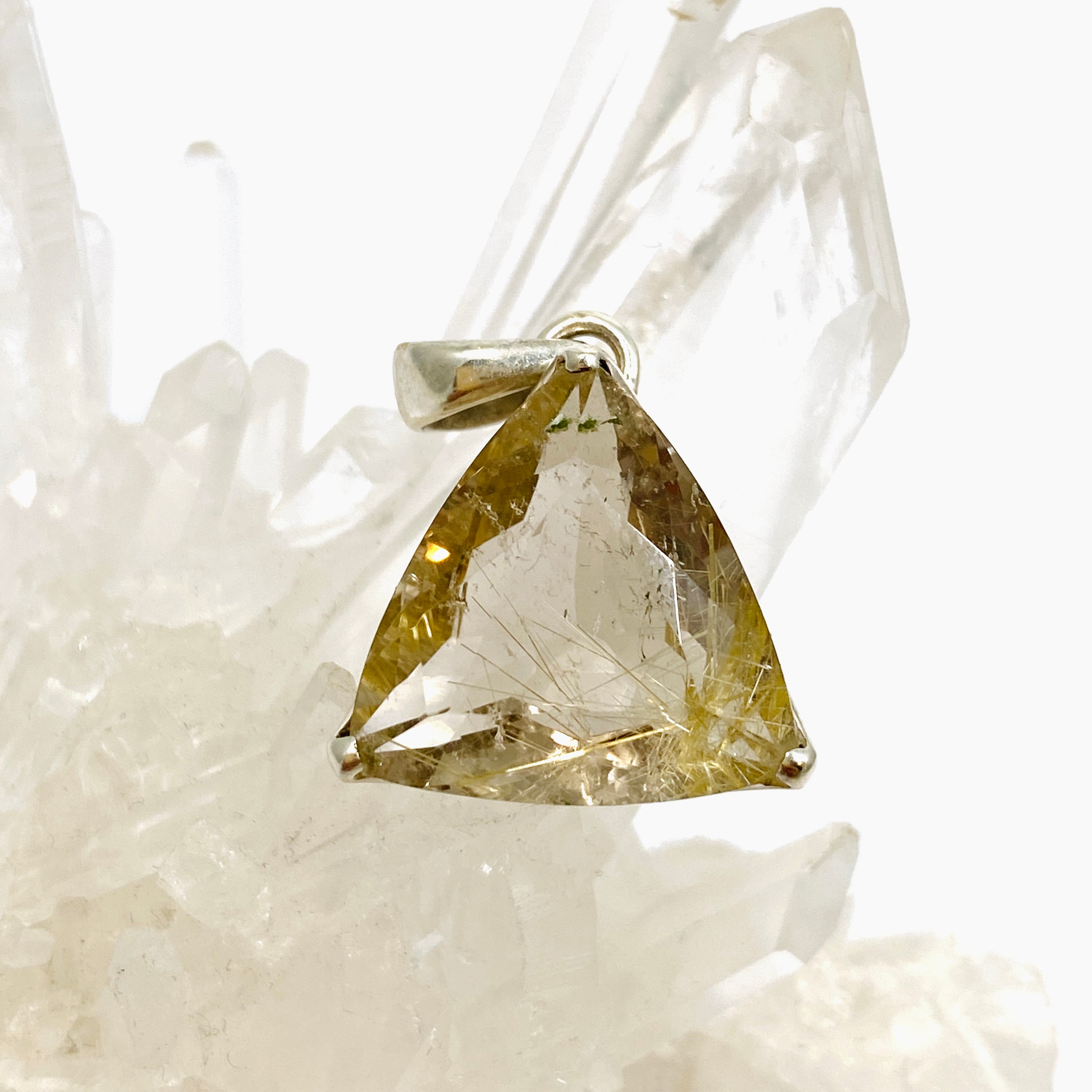 Golden Rutile Quartz Triangular Faceted Pendant Necklace - Natural Gemstone Jewelry for Women - Perfect for Spiritual Healing, Meditation & Everyday Elegance