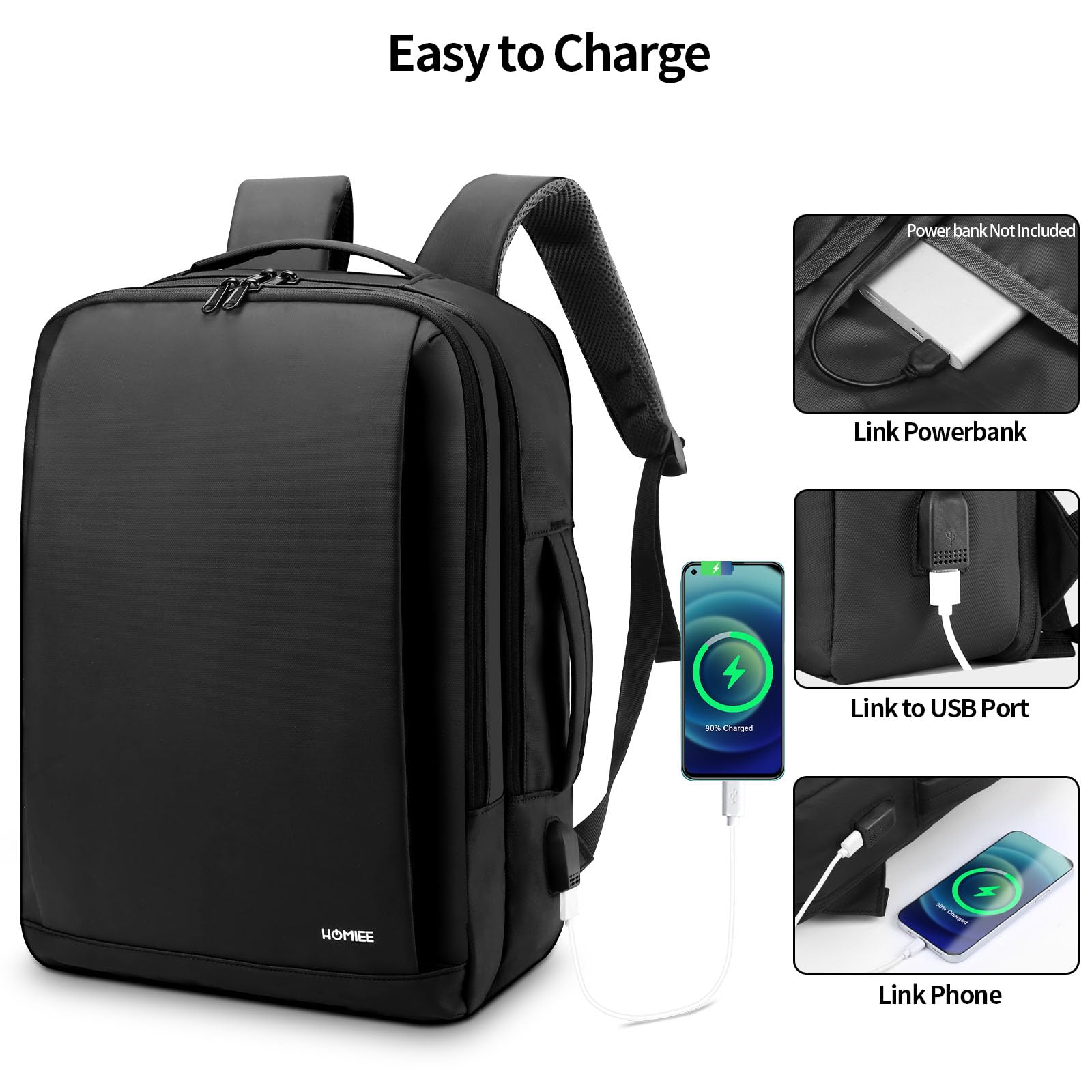 HOMIEE Expandable 30L Water Resistant Business Backpack for Men - 15.6 Inch Laptop Backpack with USB Charging Port - Perfect for Office, Travel & Commuting - Black
