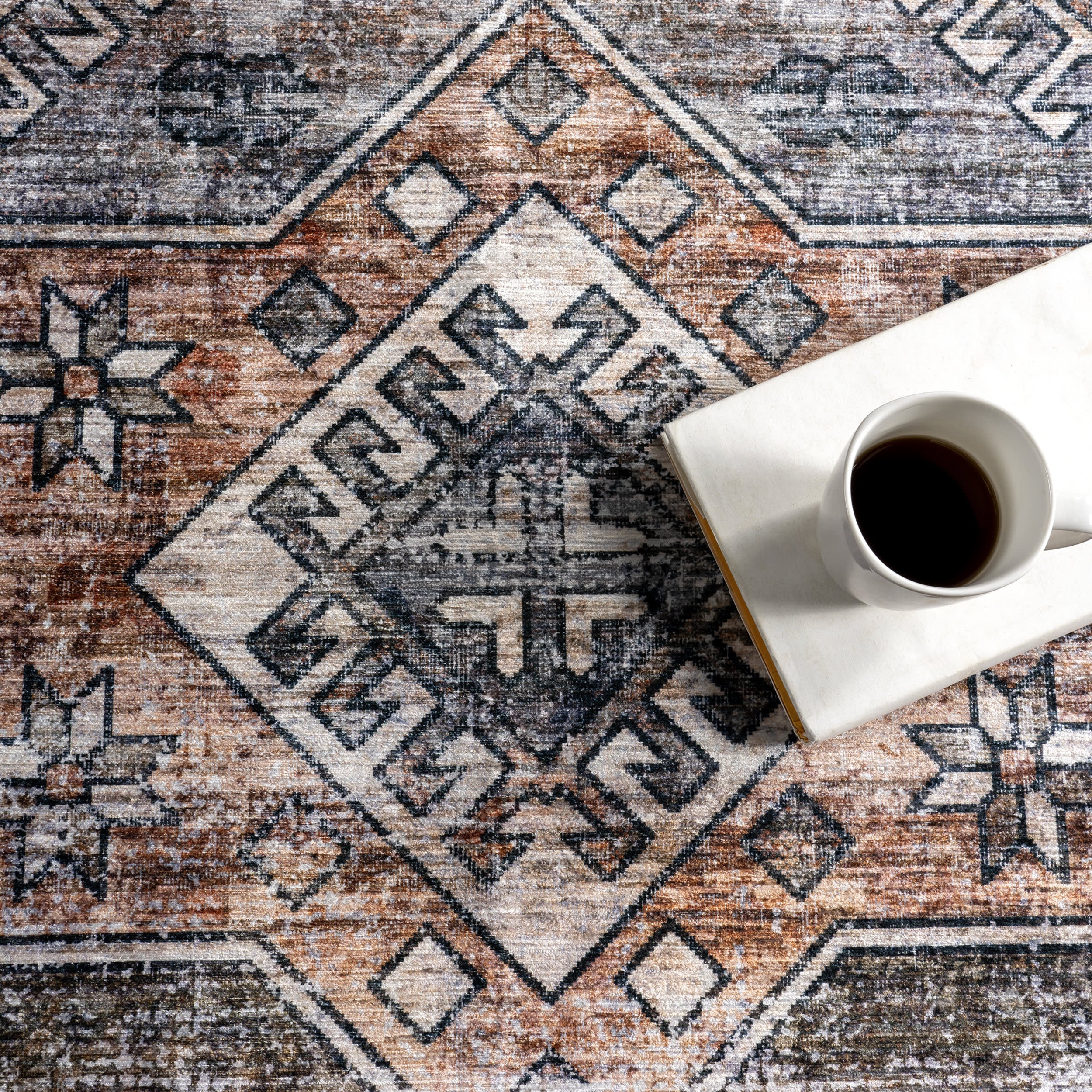Faded Geometric Spill Proof Washable Area Rug in Rust Color - Perfect for Living Room, Bedroom & High Traffic Areas