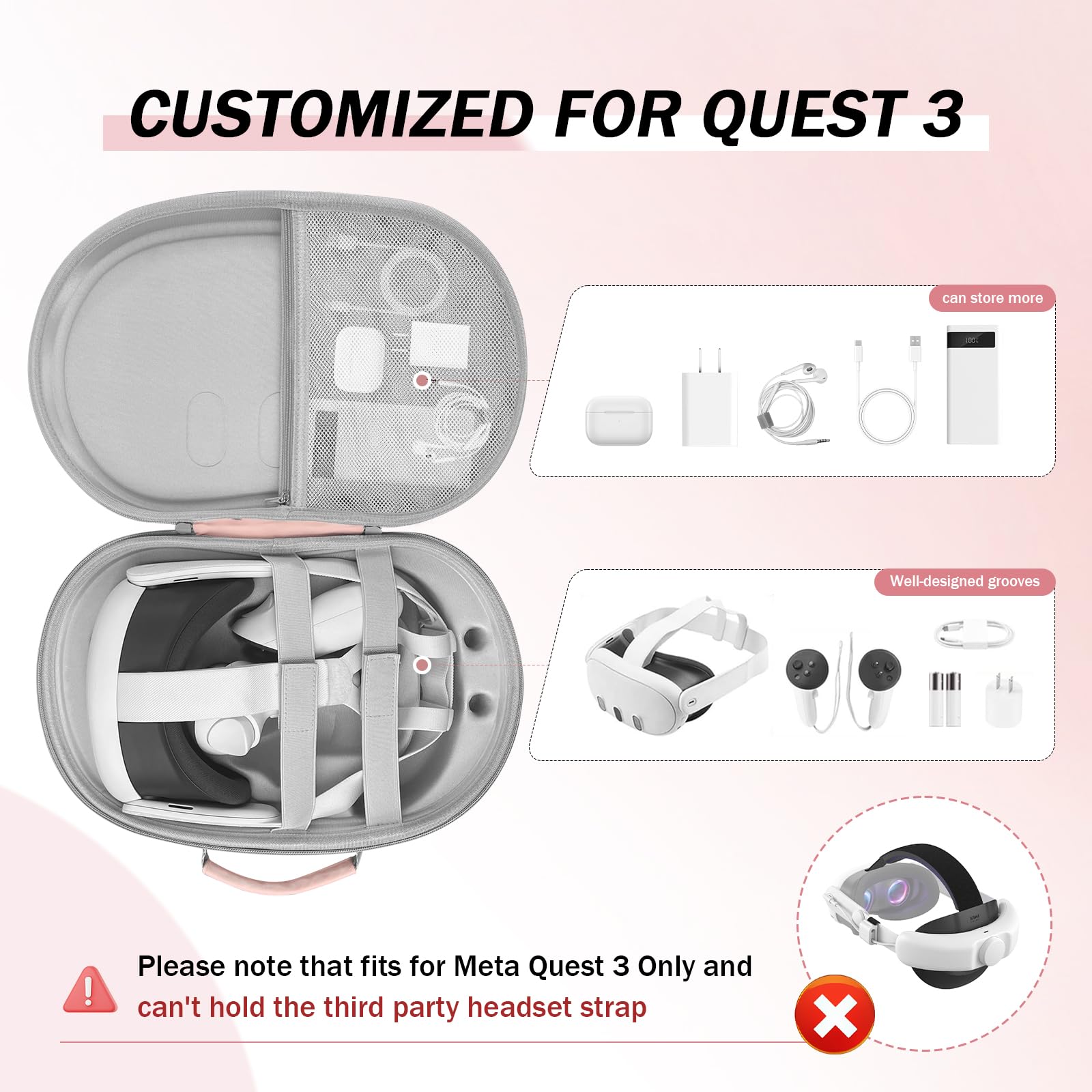 Premium Hard PU Leather Carrying Case for Meta Oculus Quest 3 VR Headset - Protective Travel Storage Case with Easy Clean Surface | Fits Quest Controllers & Accessories | Pink | Perfect for Travel, Gaming Events & Home Storage