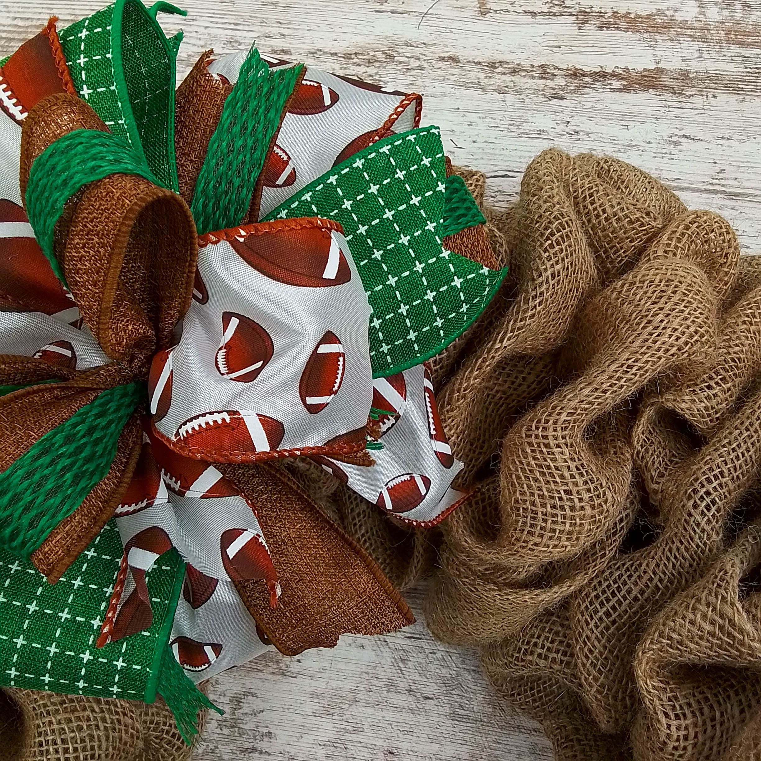 Handmade Burlap Wreath Bow Embellishments - Farmhouse Style Layered Lantern Wreath Decor (Set of 10, Green/Brown Football Theme) - Perfect for DIY Wreath Making, Front Door Decor, and Seasonal Home Decoration