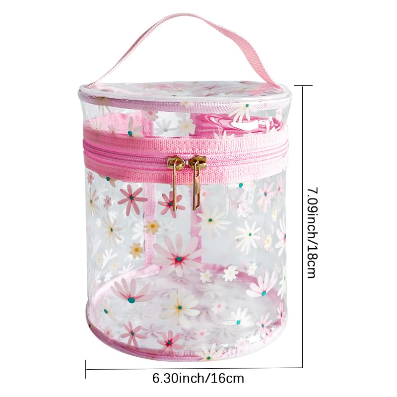 Printed Floral Clear Cylinder Travel Makeup Bag | Waterproof Cosmetic Pouch with Handle for Women & Girls | Perfect for Gym, Beach & Airplane Carry-On (D2064-3)