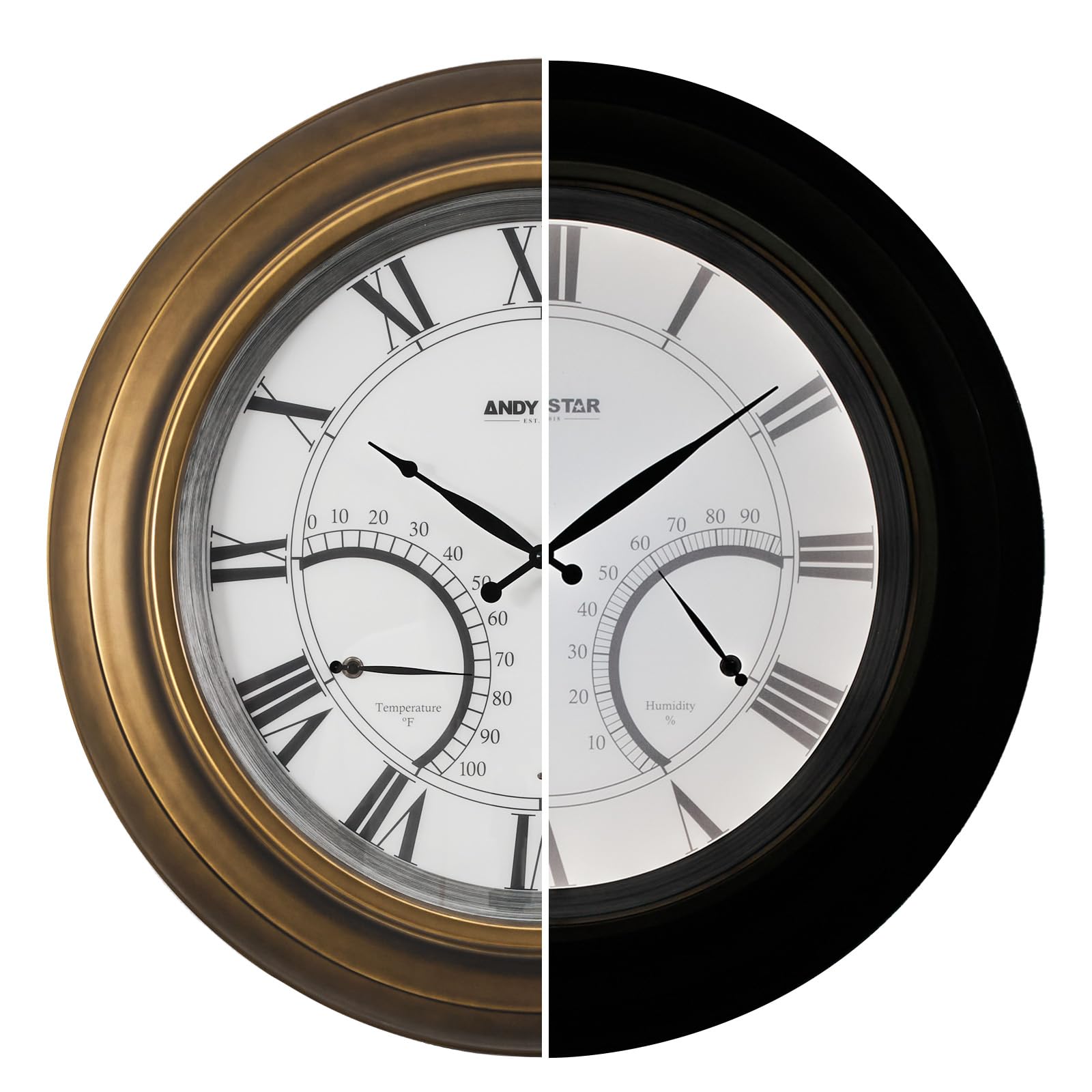 24 Inch Large Outdoor Wall Clock with Thermometer - Waterproof, Illuminated, Non-Ticking Metal Clock for Patio, Garden & Backyard - Battery Operated, Gold Finish - Perfect Housewarming Gift & Outdoor Decor