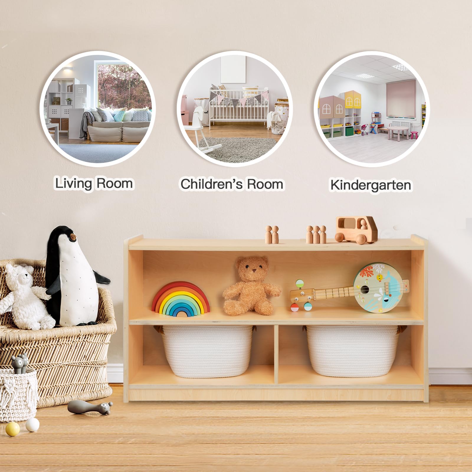 Montessori Toy Organizer for Kids - 2-Shelf Wooden Storage Cabinet with 3 Sections - Perfect for Classroom, Kindergarten, Playroom & Kids Room - Ideal for Organizing Toys, Books & Learning Materials