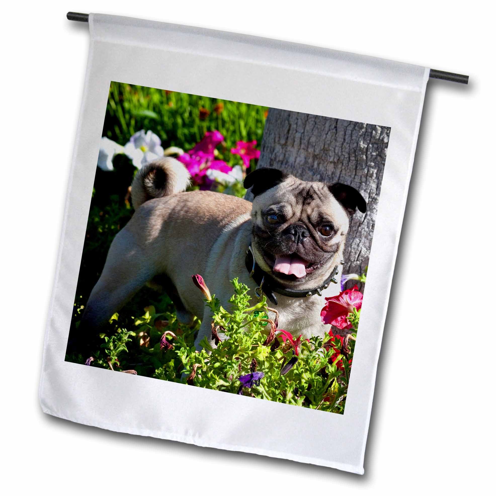 3dRose USA California Pug in Flower Garden Decorative Garden Flag 12x18 Inch - Perfect for Outdoor Patio, Yard, and Home Decor