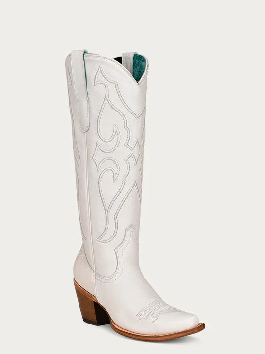Z5074 Women's White Embroidered Tall Top Snip Toe Cowboy Boots - Western Fashion, Country Dance & Rodeo Riding Footwear