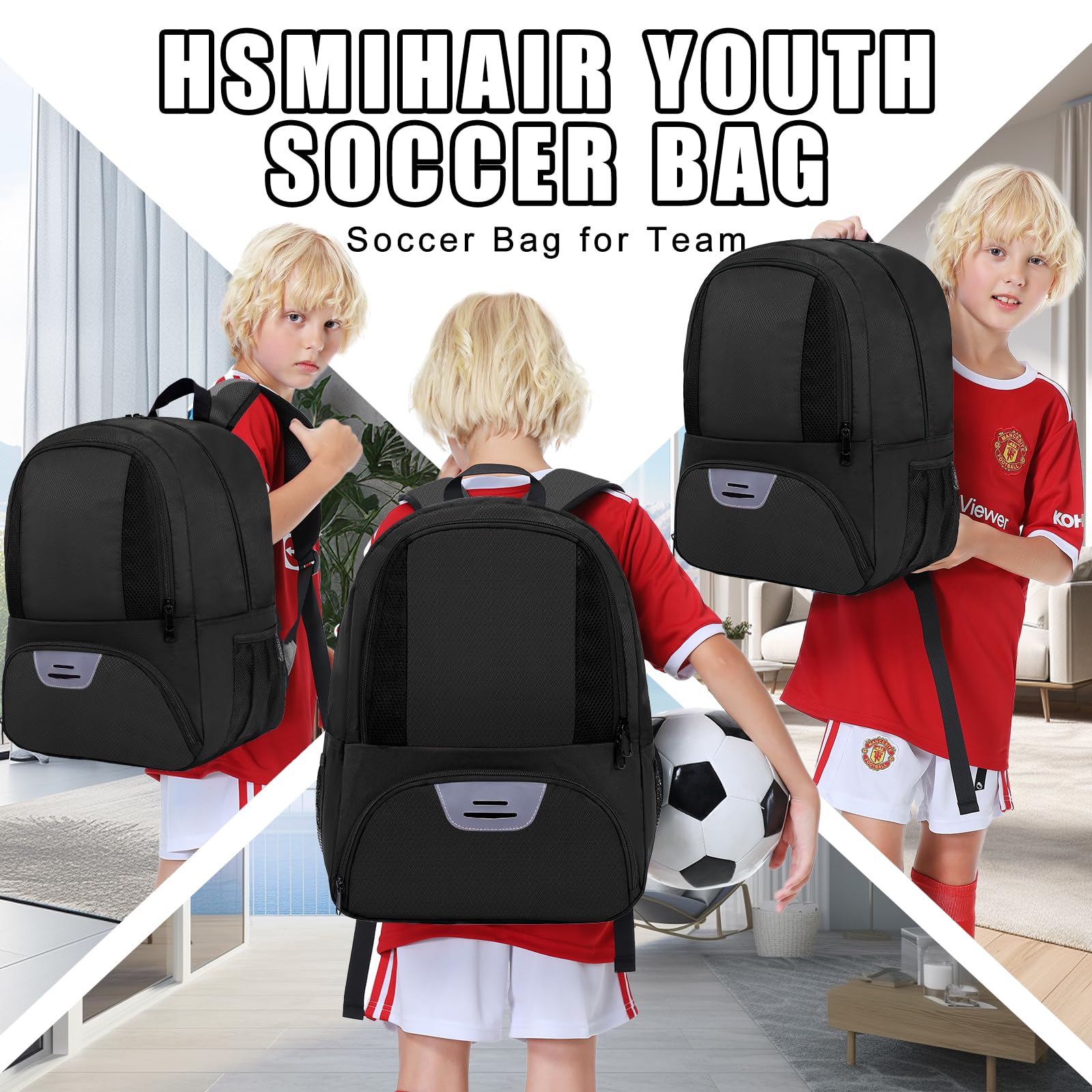 Youth Soccer Backpack with Shoe Compartment - Sport Equipment for Football Volleyball Basketball Training