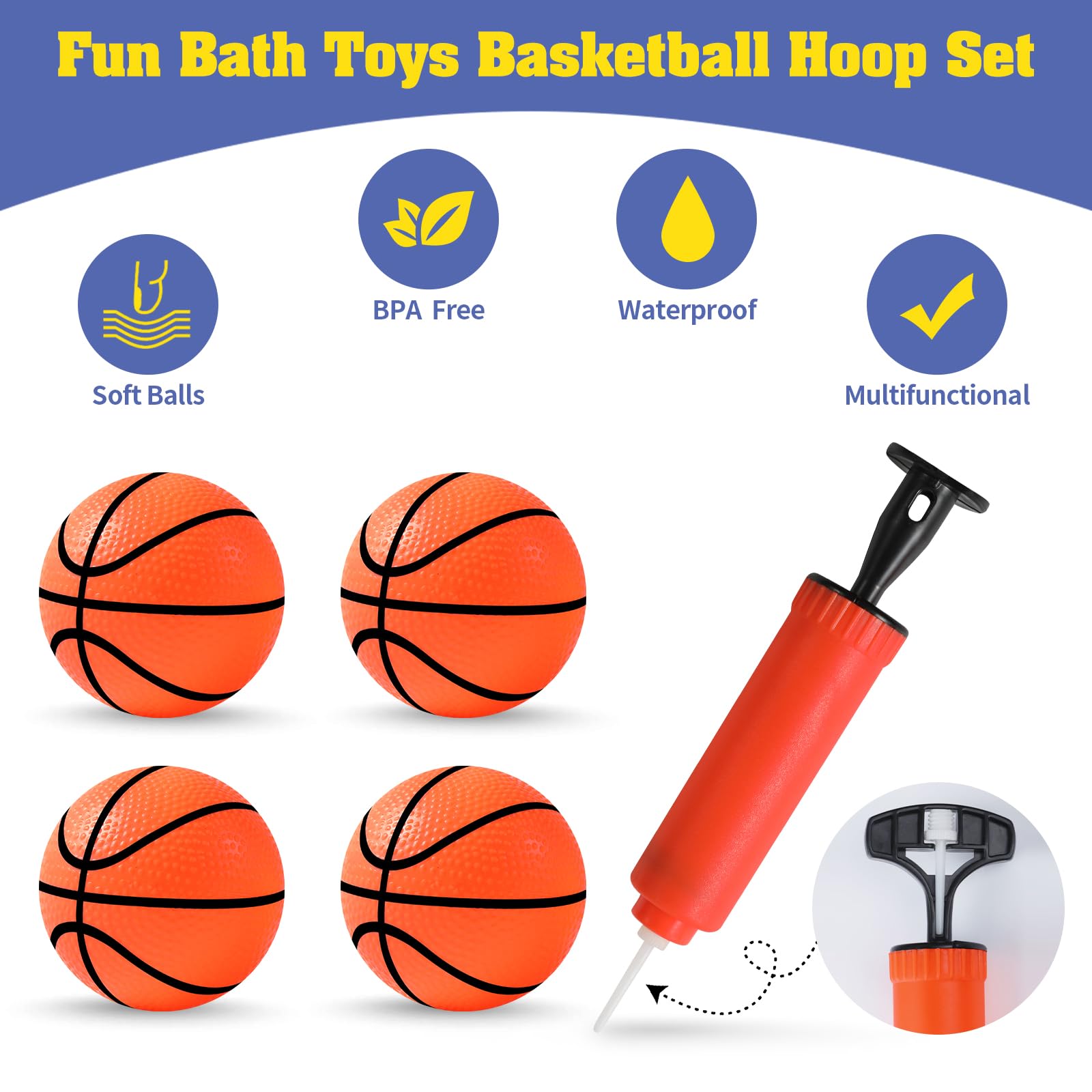 **Bathtub Basketball Hoop for Kids - Suction Cup Bath Toy Set with 4 Soft Balls - Fun Shower Toys for Toddlers Ages 4-8 - Perfect for Boys & Girls Bath Time Play**