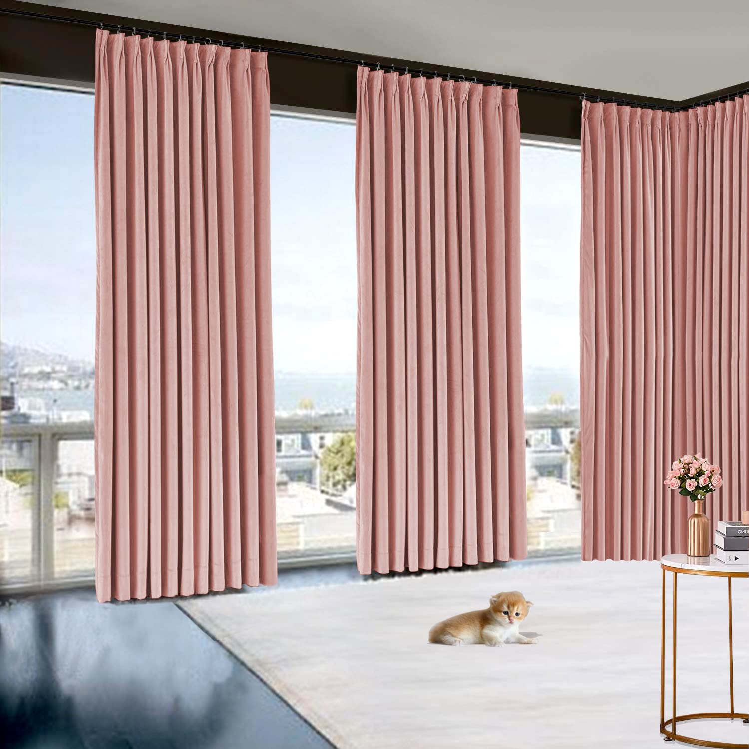 White House Linen 100% Polyester Blackout Pinch Pleat Curtains - Rose Gold Ring Top Window Drapes (26