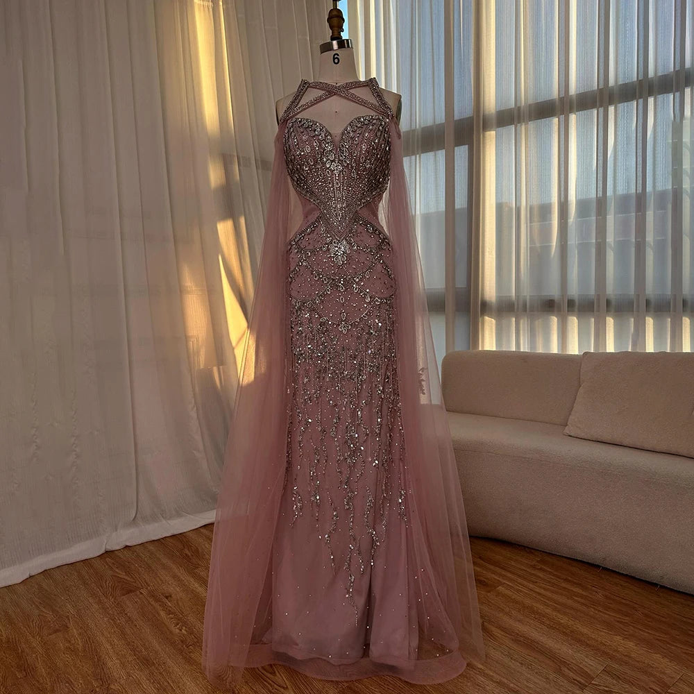 Luxury Dubai Nude Cape Sleeves Beaded Crystal Arabic Evening Dresses Gowns For Women Wedding Party LA72806 - Elegant Formal Gown for Bridal Shower, Red Carpet Events & Special Occasions