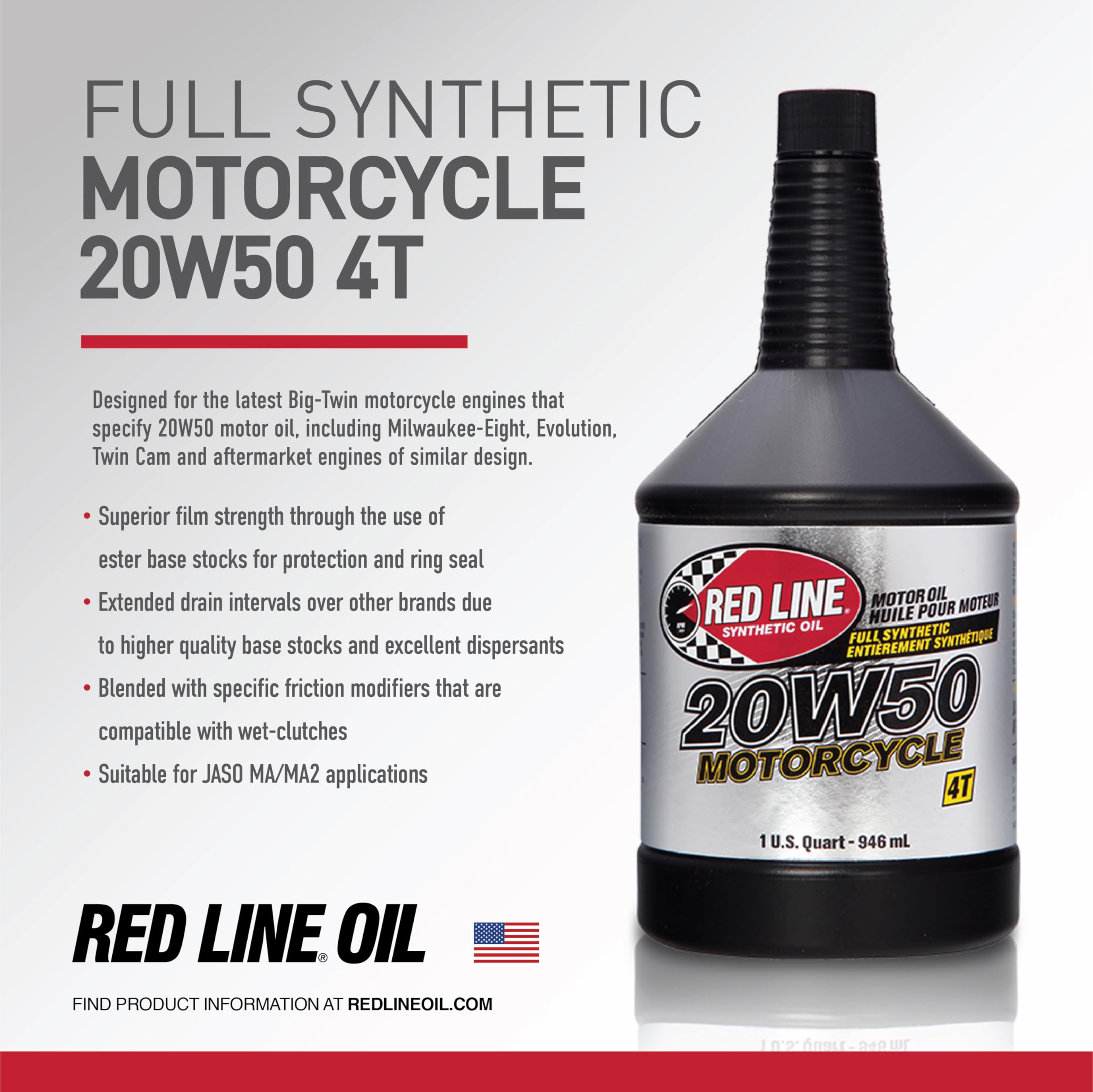 Red Line 42504 20W50 Full Synthetic Motorcycle Engine Oil - 12 Quart Pack for High-Performance Bikes - Ideal for Cruisers, Touring & Racing Motorcycles in Extreme Conditions