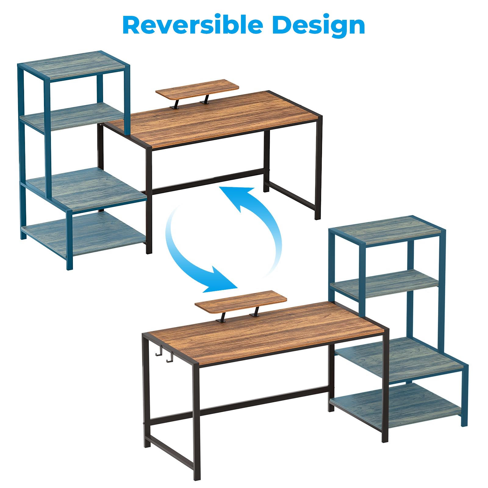 GreenForest 58 Inch Computer Desk with Printer Shelf & Monitor Stand - Reversible Office Desk with 2 Hooks, Sturdy Home Workstation for Study, Writing, Working & Gaming - Perfect for Small Spaces & Home Offices (Brown)