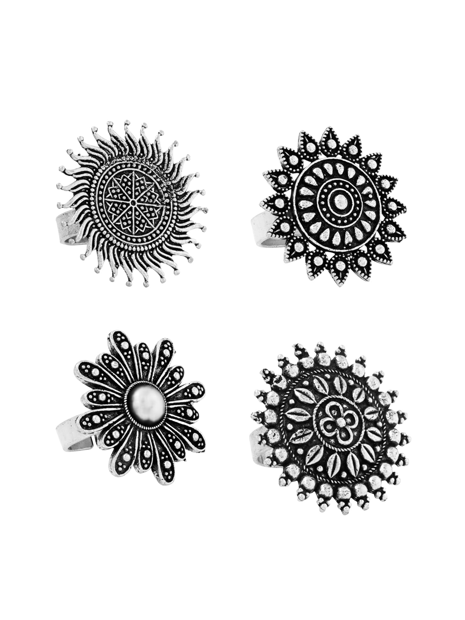 Oxidized Silver Floral Ring Set for Women & Girls - Big Charm Traditional Jewelry | Elegant Yellow Chimes Rings | Perfect Birthday & Anniversary Gift for Wife, Girlfriend | Ideal for Parties, Weddings & Everyday Wear