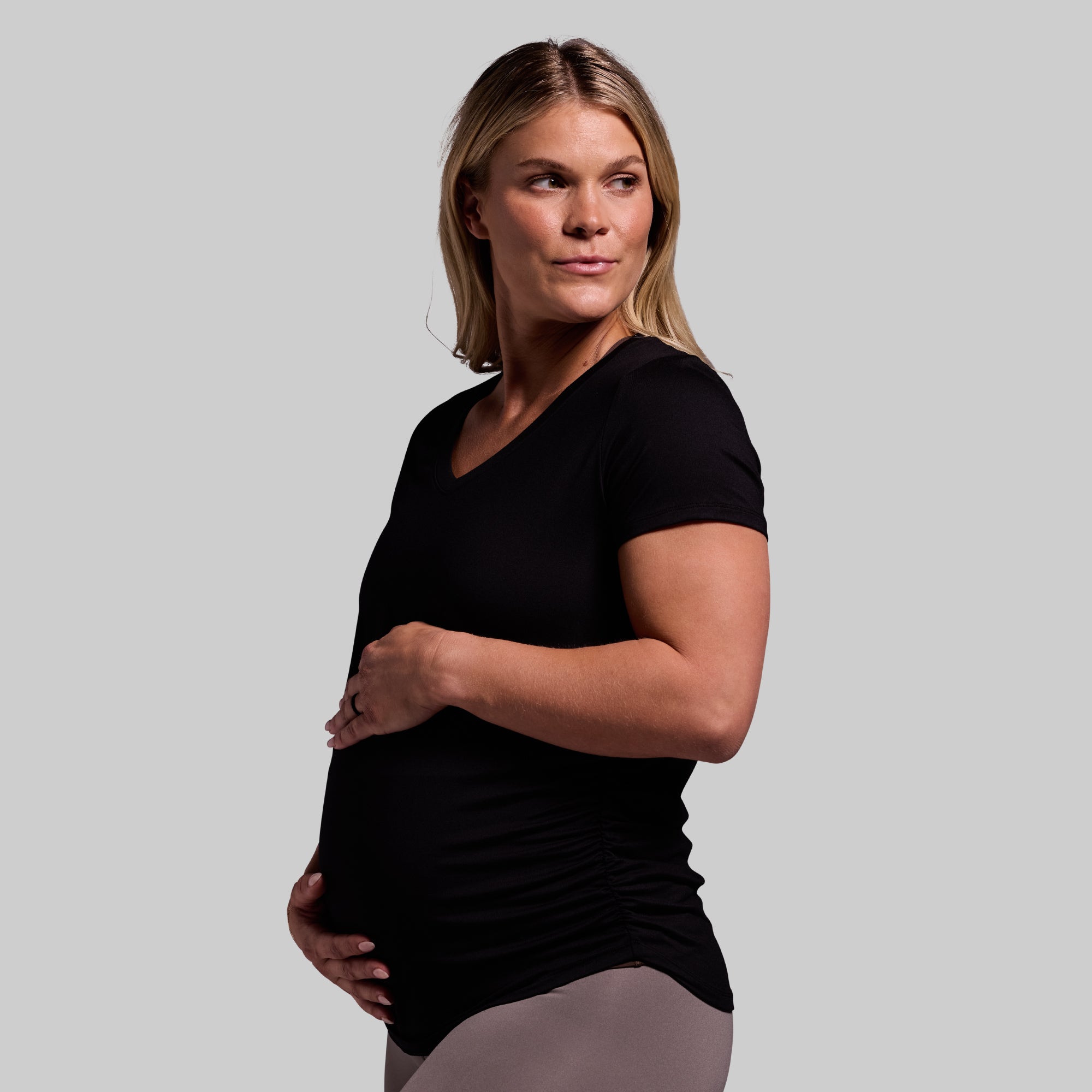 Maternity Athleisure Short Sleeve V-Neck T-Shirt for Pregnant Women - Soft Stretchy Workout & Lounge Top (Black) | Perfect for Yoga, Gym, and Everyday Comfort Wear