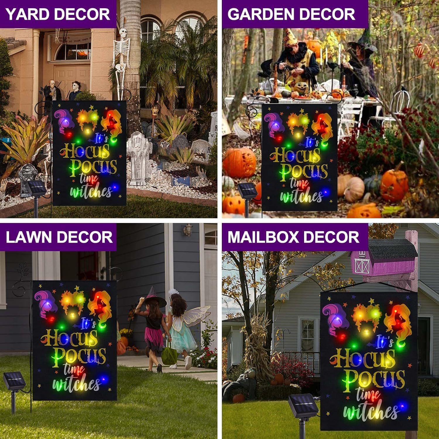 FLAGMESAG Solar-Powered Halloween Garden Flag - Hocus Pocus Witches Design for Outdoor Decor (12