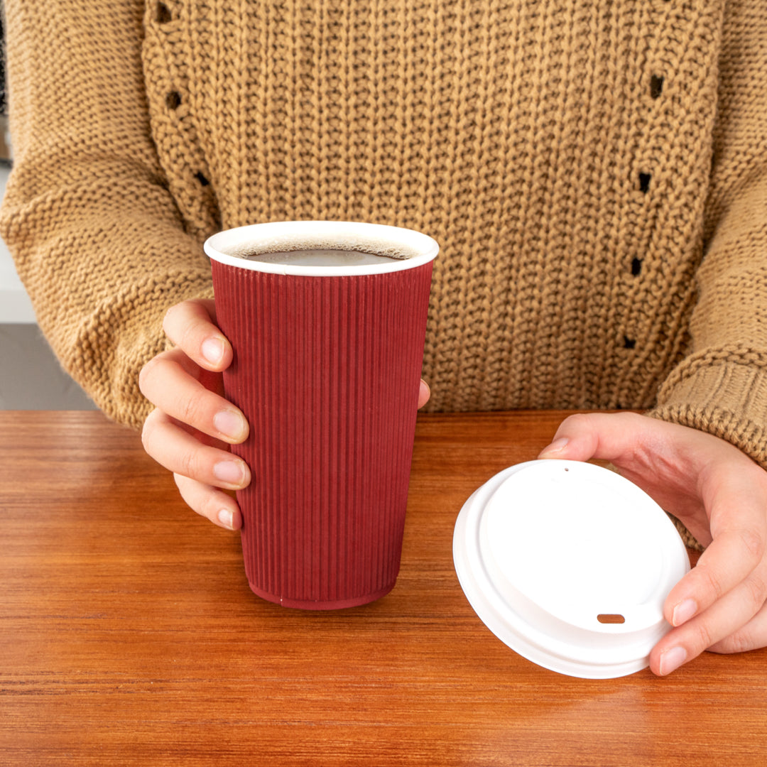 16 oz Crimson Ripple Wall Paper Coffee Cups with White Lids - 20 Count Box (3.5