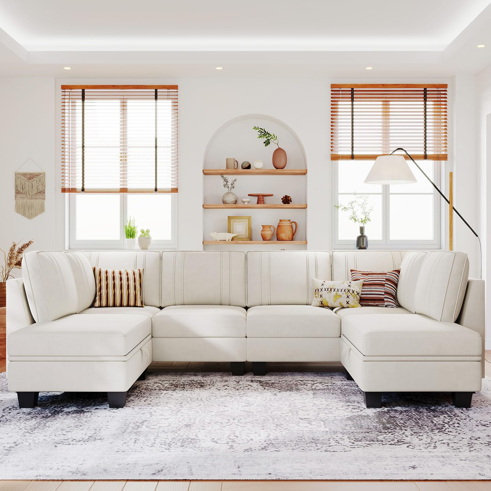 Belffin U-Shaped Sectional Sofa with Storage Ottoman - Convertible Living Room Couch in Beige | Modern L-Shaped Sofa Bed for Small Spaces, Family Gatherings & Movie Nights