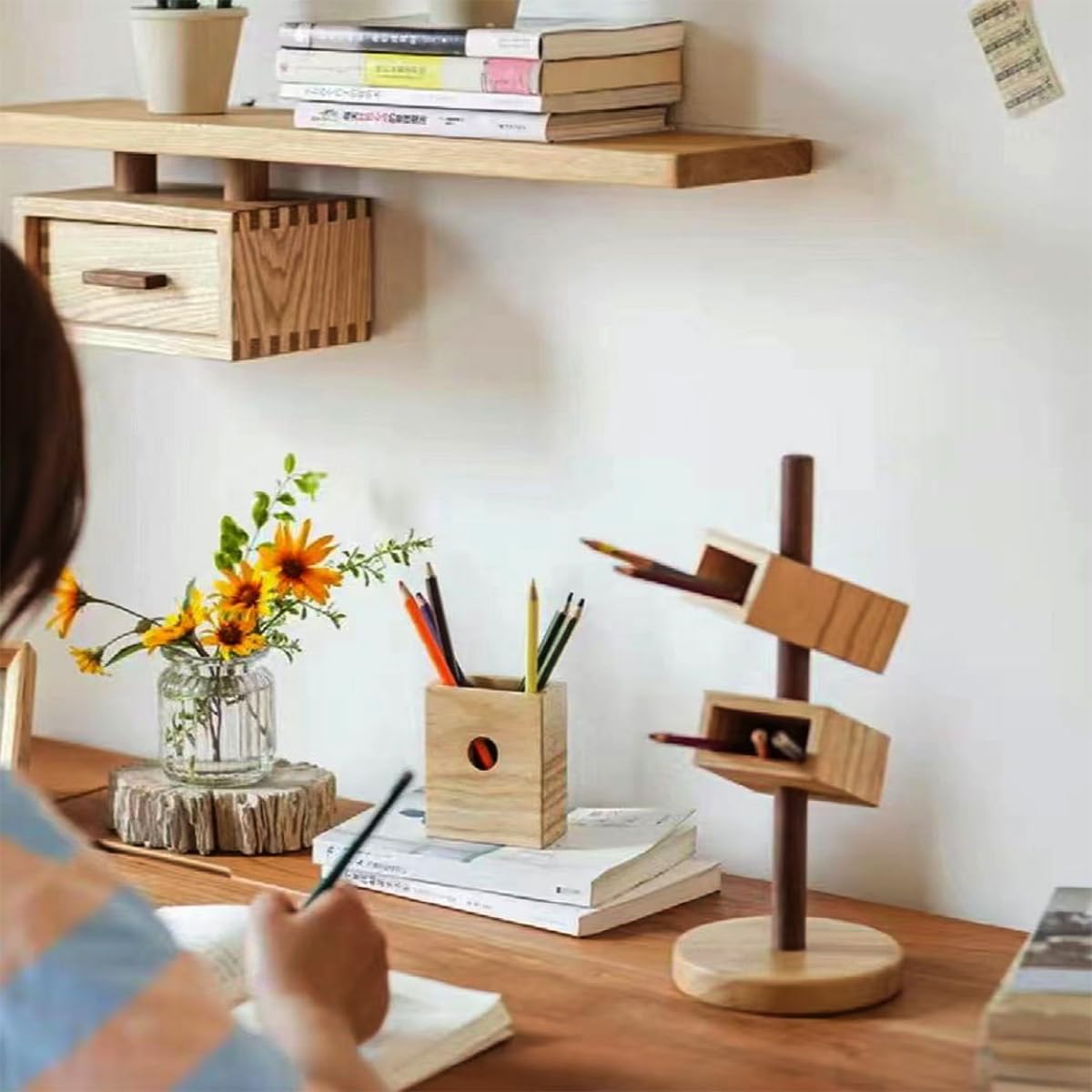Wooden Pen Holder & Desk Organizer with 3 Compartments - Perfect for Pens, Pencils, Office Supplies, Makeup Brushes and TV Remotes - Ideal for Home Office, Study Desk and Workspace Organization