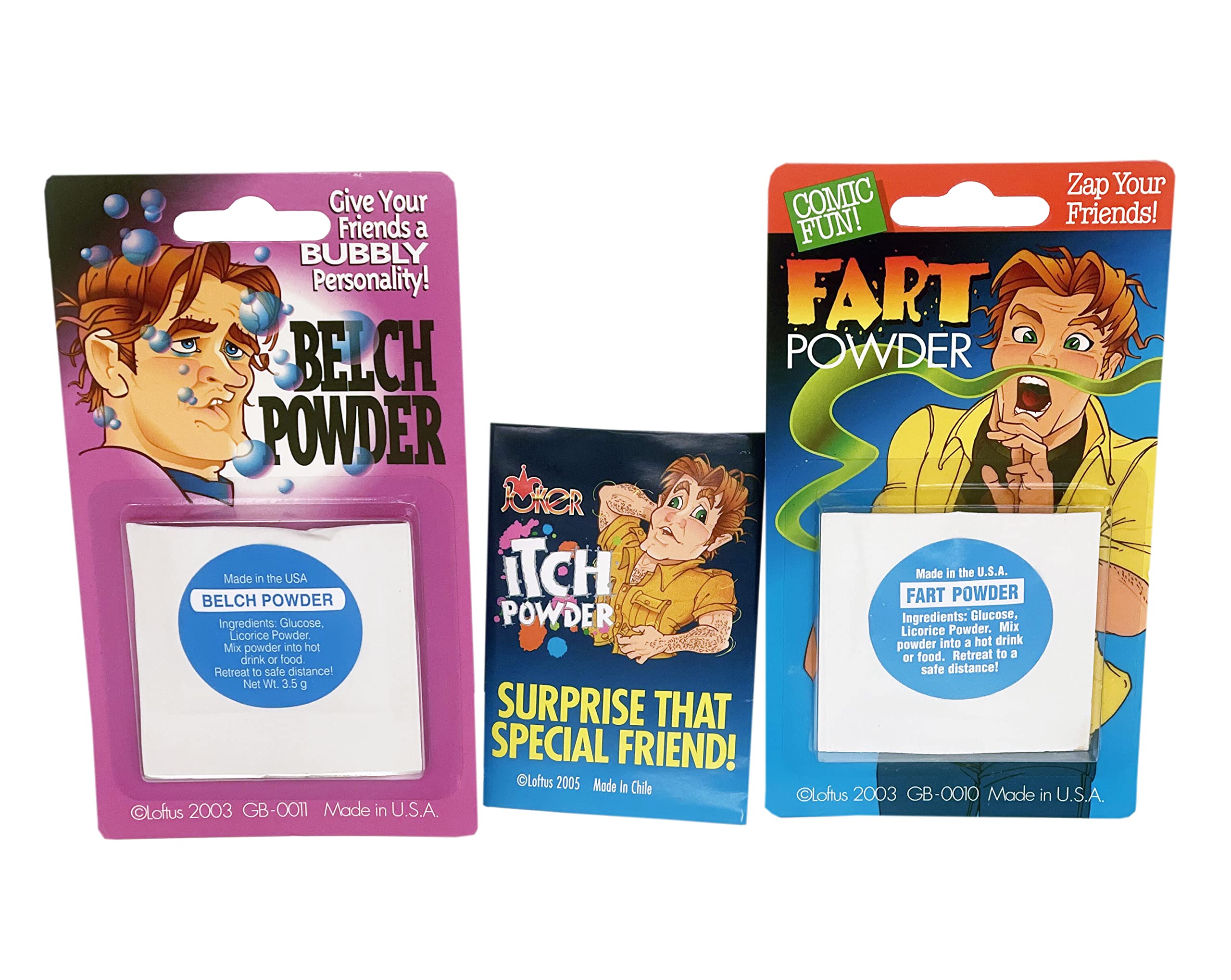 Prankster 3-Pack Gag Kit - Fart, Itch & Belch Powder Prank Set for Hilarious Practical Jokes | Perfect for Parties, Office Pranks & Family Fun