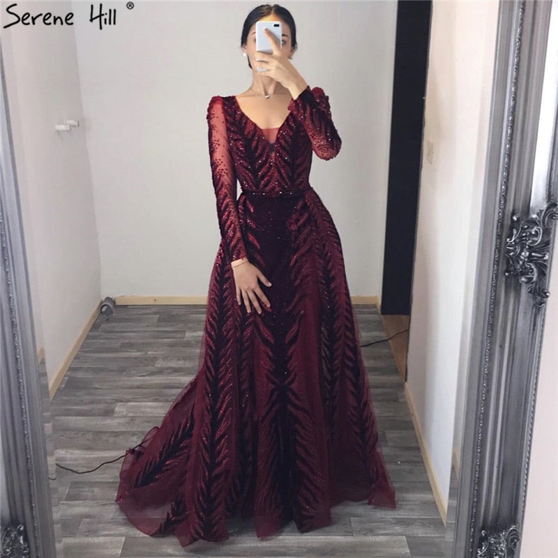 Luxury Velvet Wine Red Evening Gown with Long Sleeves & Beading - Plus Size Formal Dress for Women 2025 - Elegant Prom, Wedding Guest & Gala Attire - Serene Hill LA60903