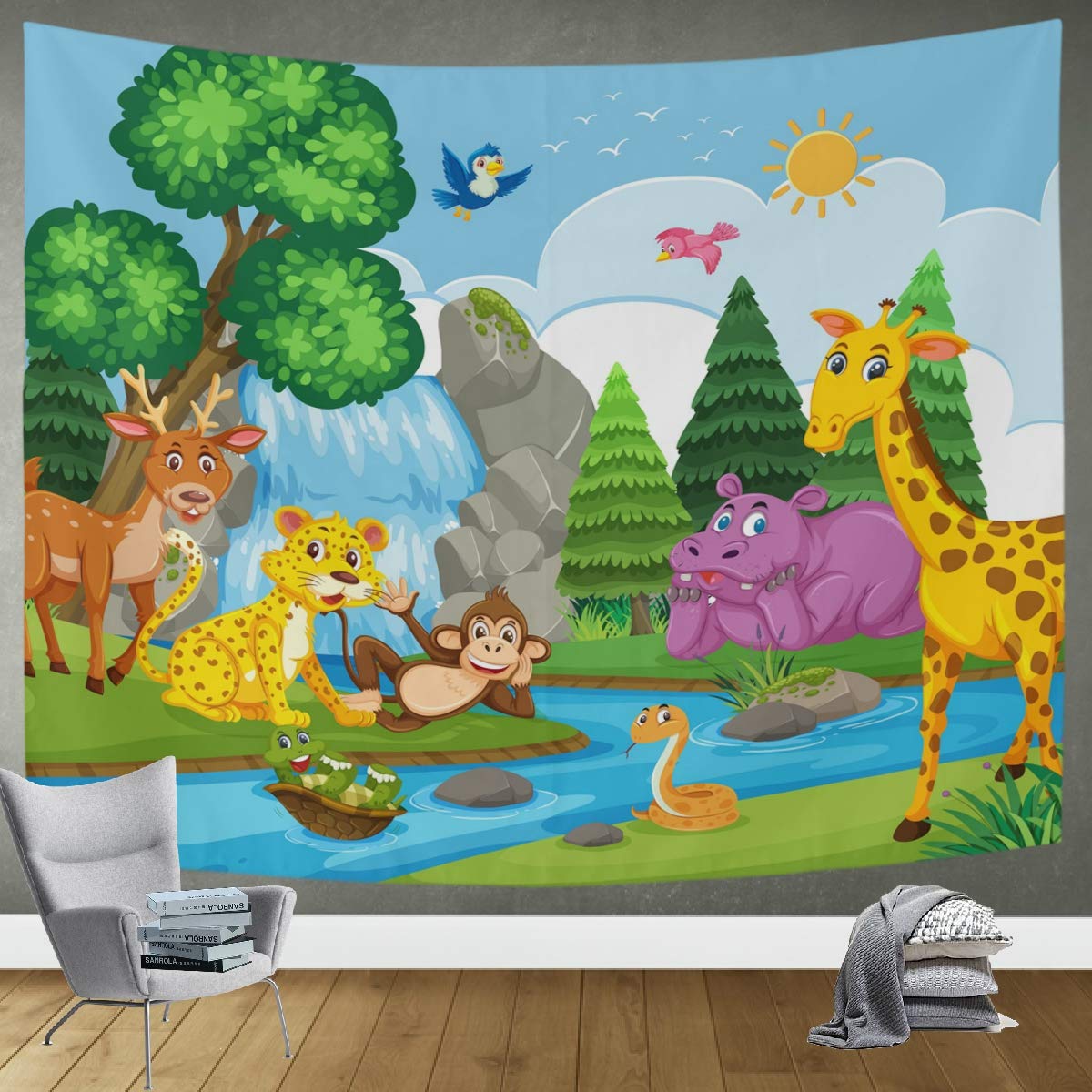DOMIKING Wild Animals River Cartoon Tapestry - 80x60in Large Wall Hanging for Bedroom & Living Room Decor | Perfect for Boho Home Aesthetic, Dorm Room Wall Art, and Festival Backdrop