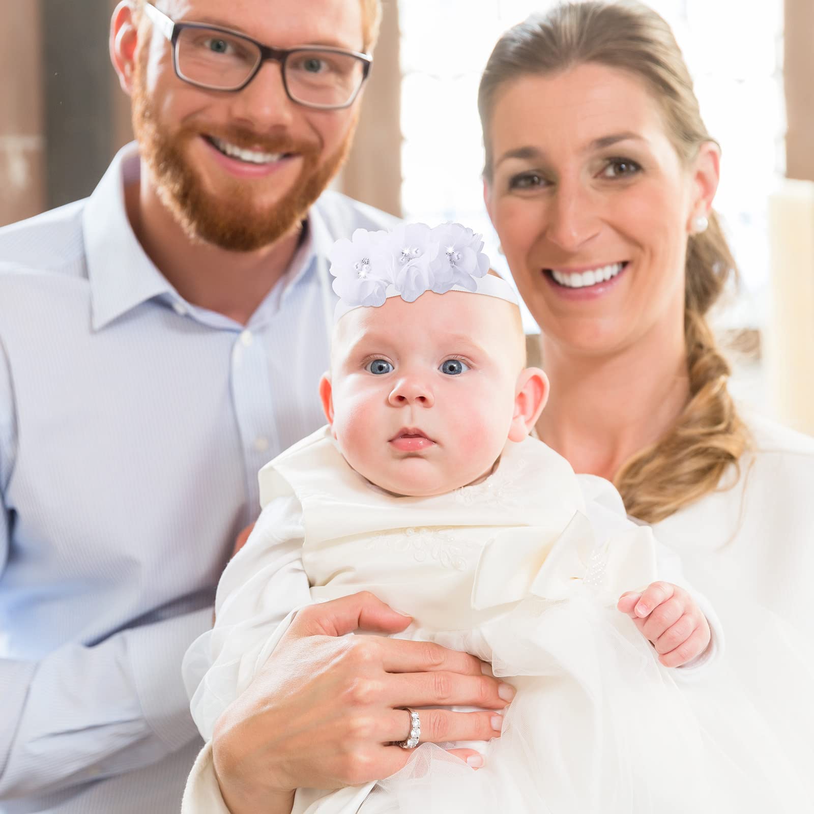 6-Piece White Baptism Headband Set for Baby Girls - Soft Elastic Christening Headbands with Chiffon Flower & Crystal Lace - Perfect for Infants 3-6 Months - Ideal Gift for Baby Shower, Birthday & Baptism Ceremonies - Elegant Accessories for Special Occasions & Photo Shoots